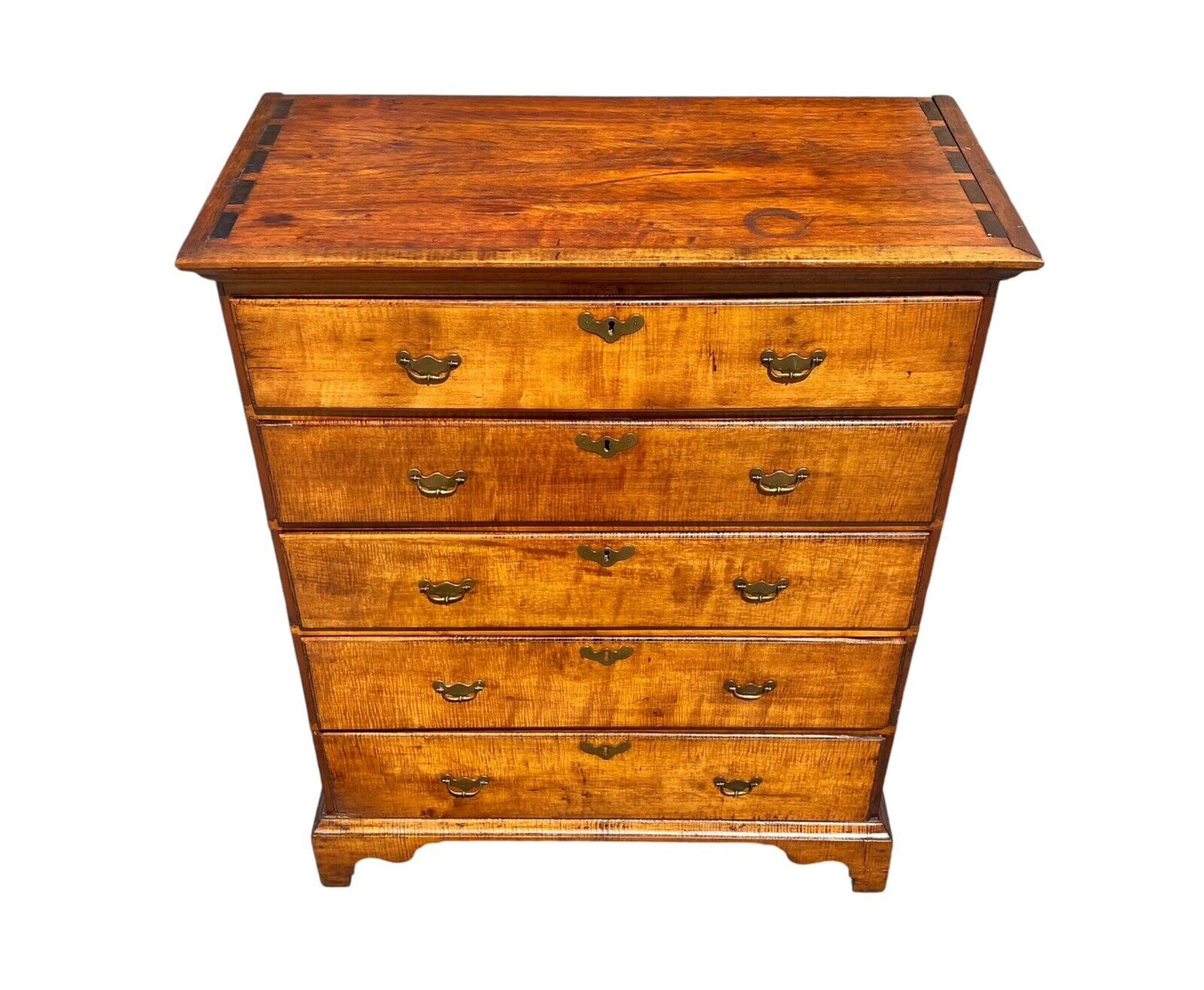 Antique New England Chippendale Tiger Maple Five Drawer Tall Chest Circa 1780