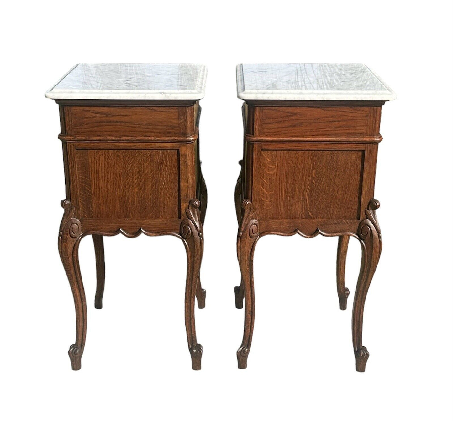 Pair of French Louis Xvi Style Carved Oak Marble Top Nightstands With Snail Feet