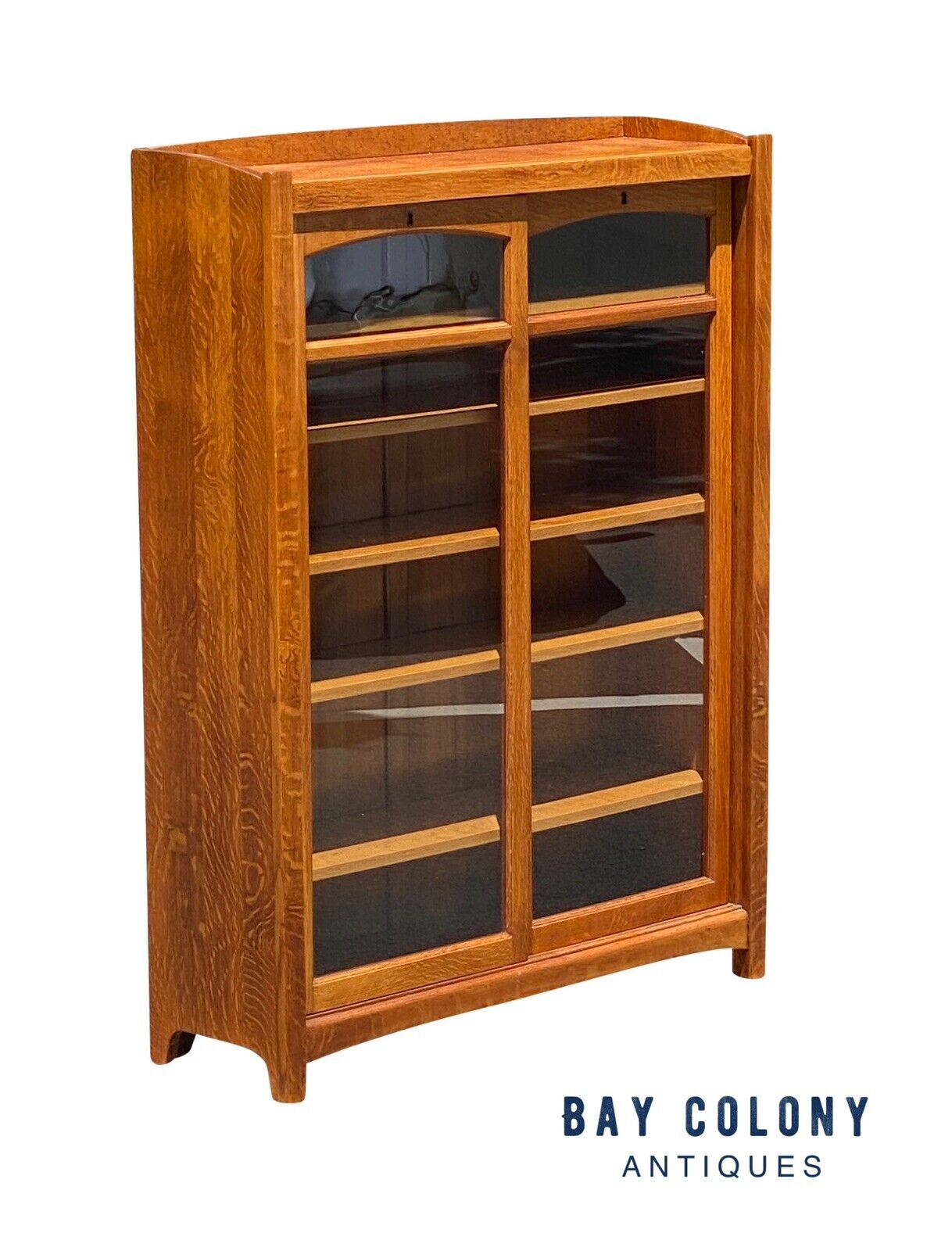 Antique Arts & Crafts Mission Oak Bookcase With Sliding Arched Doors - Bay Colony Antiques Antiques:Furniture:Bookcases