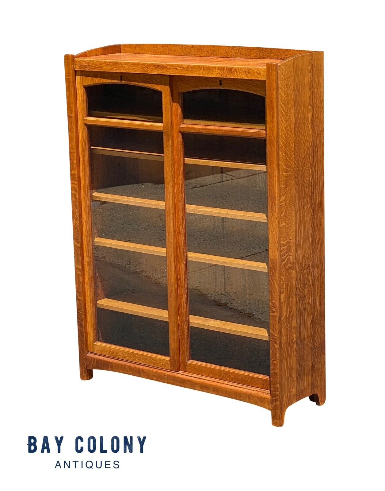 Antique Arts & Crafts Mission Oak Bookcase With Sliding Arched Doors - Bay Colony Antiques Antiques:Furniture:Bookcases