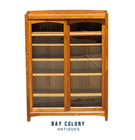 Antique Arts & Crafts Mission Oak Bookcase With Sliding Arched Doors - Bay Colony Antiques Antiques:Furniture:Bookcases