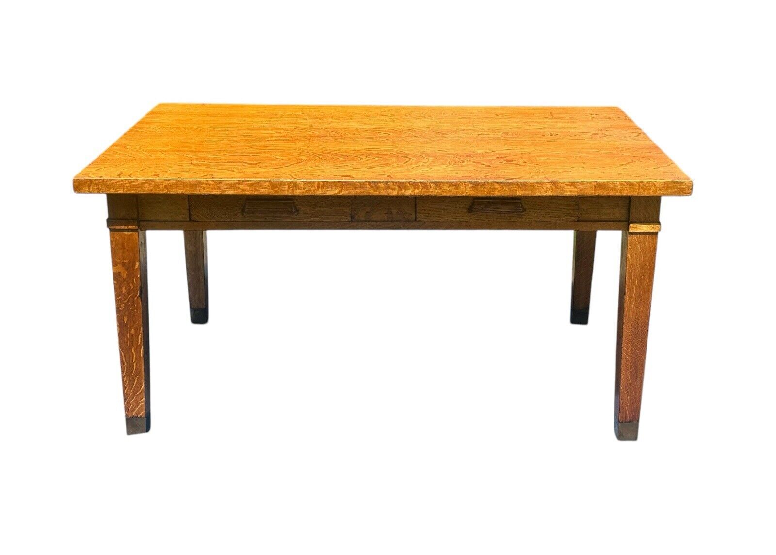 Antique Arts & Crafts Mission Oak Library Table With Two Drawers - Tiger Oak - Bay Colony Antiques Antiques:Furniture:Tables