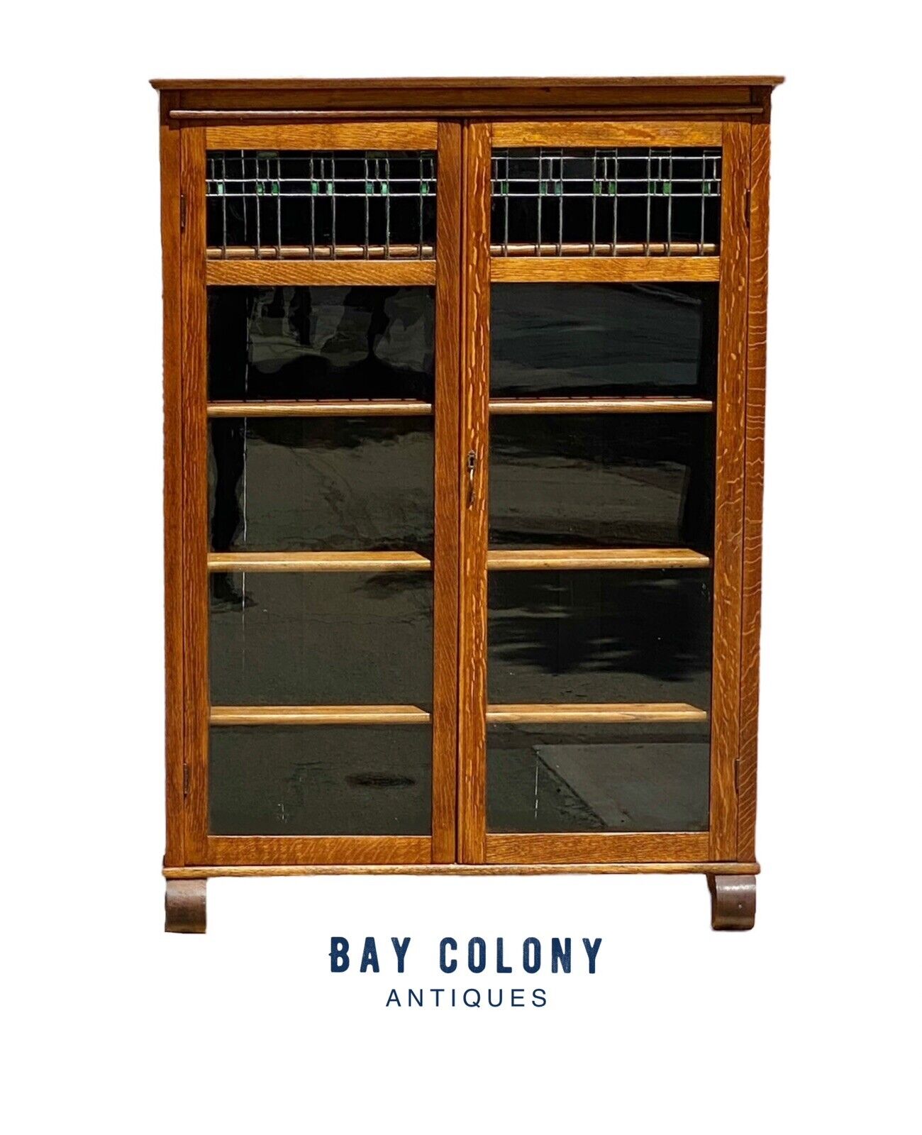 Antique Arts & Crafts Oak Two Door Bookcase With Green Stained Glass by Larkin - Bay Colony Antiques Antiques:Furniture:Bookcases