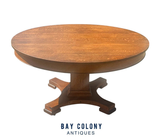 Antique Arts & Crafts Tiger Oak Dining Table on Pedestal Base With 54" Round Top - Bay Colony Antiques Antiques:Furniture:Tables