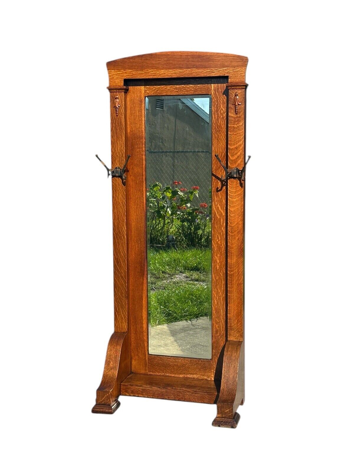 Antique Arts & Crafts Tiger Oak Hall Tree With Beveled Mirror & Japanned Hooks - Bay Colony Antiques Antiques:Furniture:Hall Trees & Stands