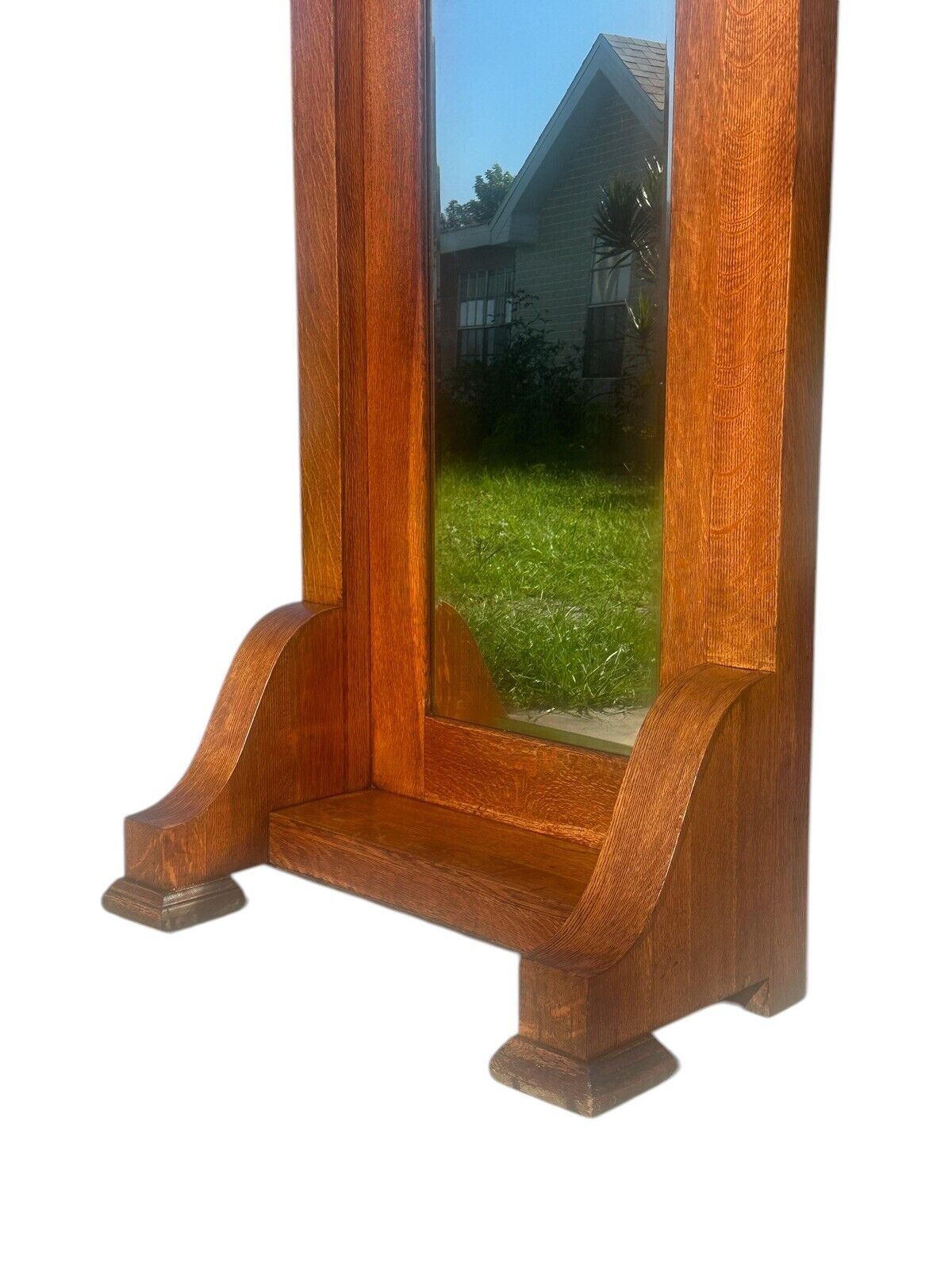 Antique Arts & Crafts Tiger Oak Hall Tree With Beveled Mirror & Japanned Hooks - Bay Colony Antiques Antiques:Furniture:Hall Trees & Stands