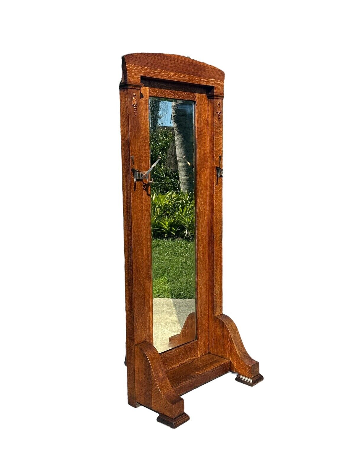 Antique Arts & Crafts Tiger Oak Hall Tree With Beveled Mirror & Japanned Hooks - Bay Colony Antiques Antiques:Furniture:Hall Trees & Stands