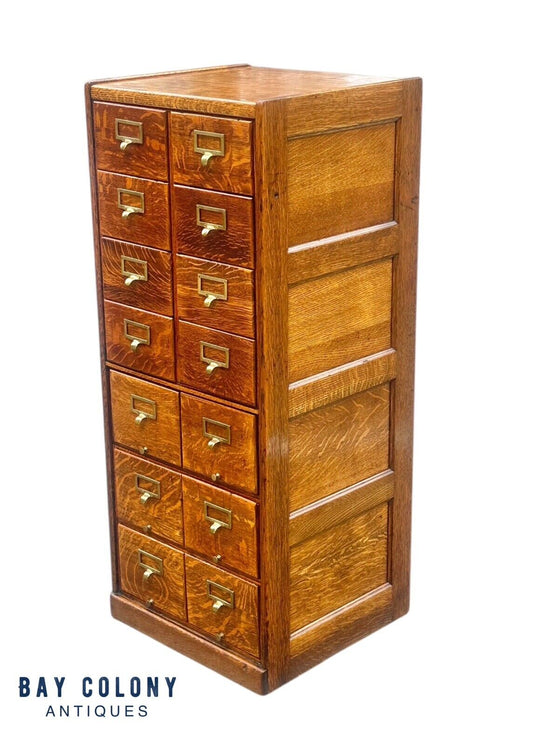 Antique Arts & Crafts Tiger Oak Raised Panel Fourteen Drawer Index File Cabinet - Bay Colony Antiques Antiques:Furniture:Cabinets & Cupboards