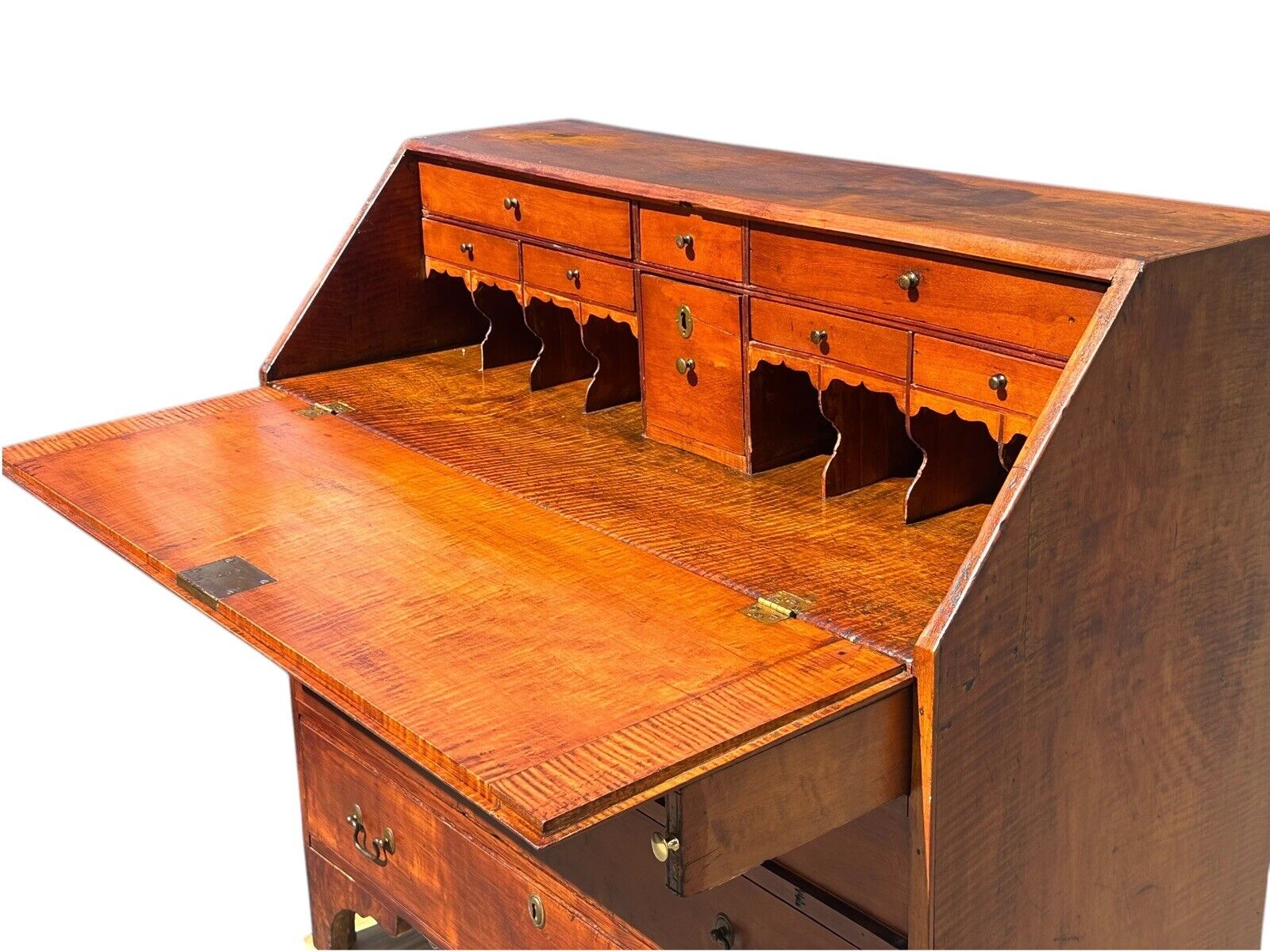 Antique Chippendale New England Tiger Maple & Cherry Slant Lid Desk Circa 1780 - Bay Colony Antiques Antiques:Furniture:Desks & Secretaries