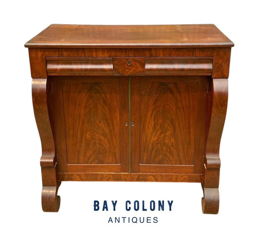 Antique Empire Crotched Mahogany Jelly Cupboard With Double Doors & Ogee Drawers - Bay Colony Antiques Antiques:Furniture:Cabinets & Cupboards