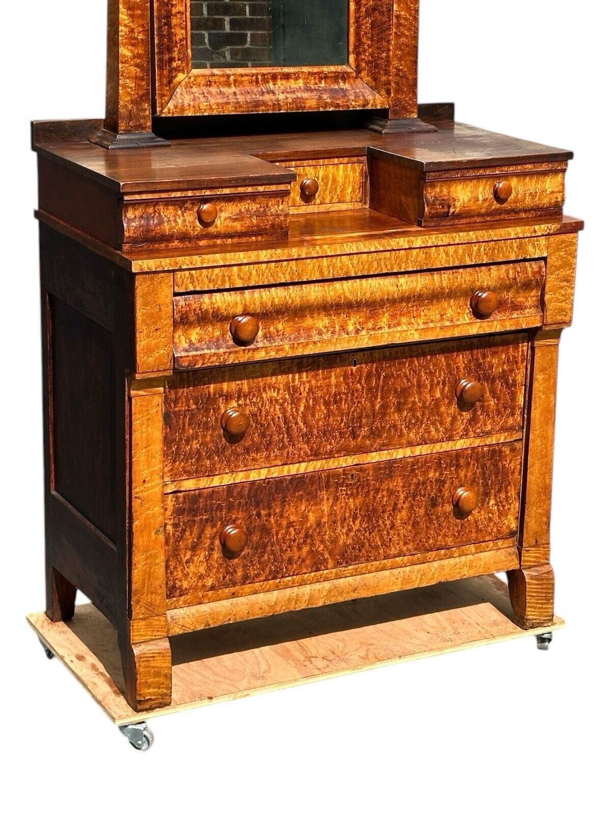 Antique Federal Period Kentucky Bird's Eye Maple Gentleman's Dresser With Mirror - Bay Colony Antiques Antiques:Furniture:Dressers & Chests of Drawers