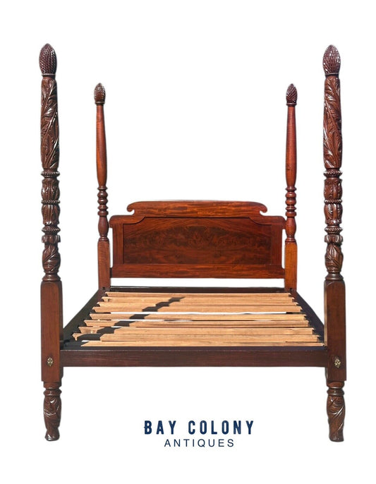 Antique Federal Period Mahogany Acanthus Carved Four Post Bed With Pineapple Top - Bay Colony Antiques Antiques:Furniture:Beds & Frames:Beds & Bed Frames