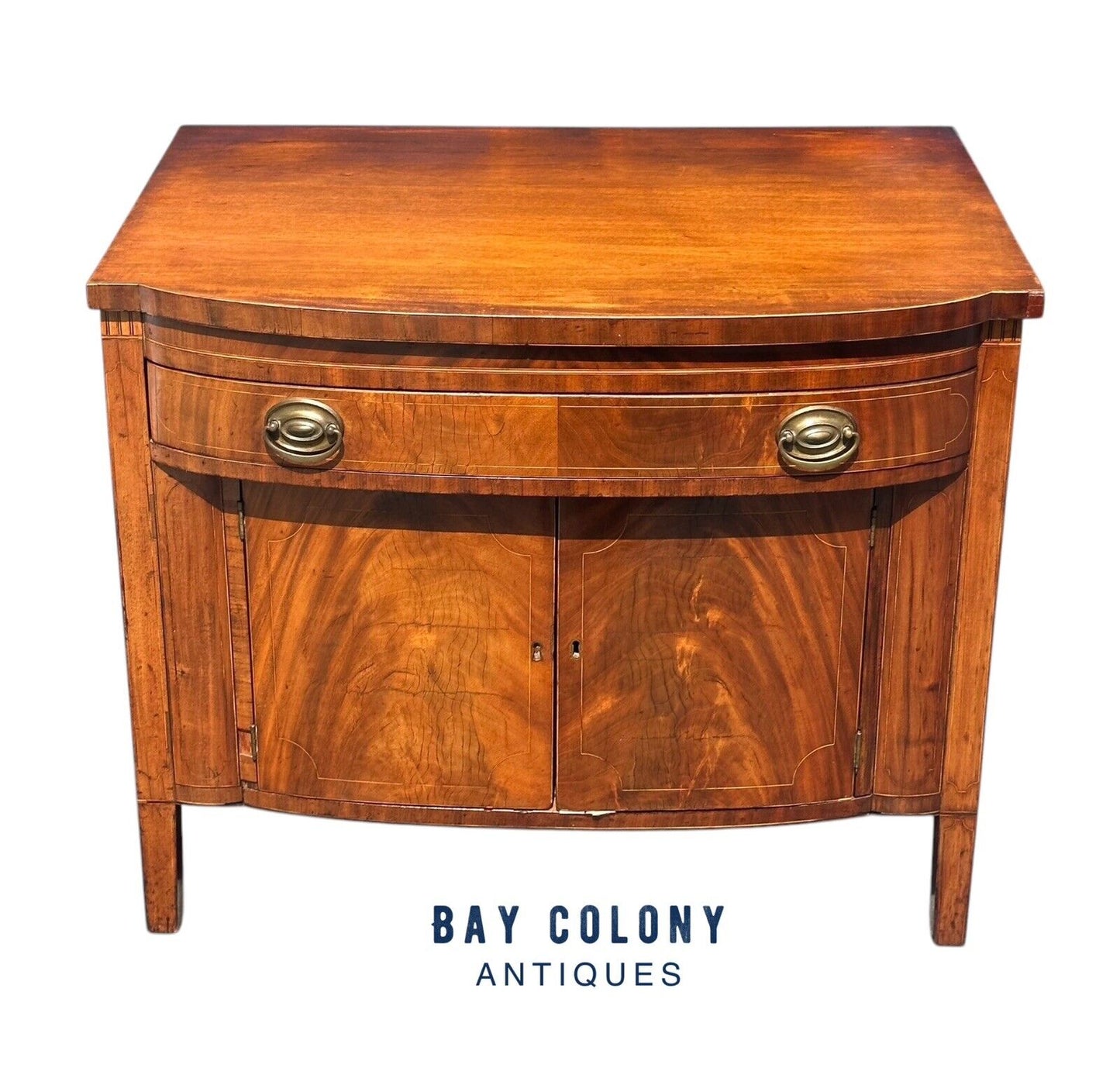 Antique Federal Period Mahogany Bowfront Serving Cabinet With Inlaid Tombstones - Bay Colony Antiques Antiques:Furniture:Sideboards & Buffets