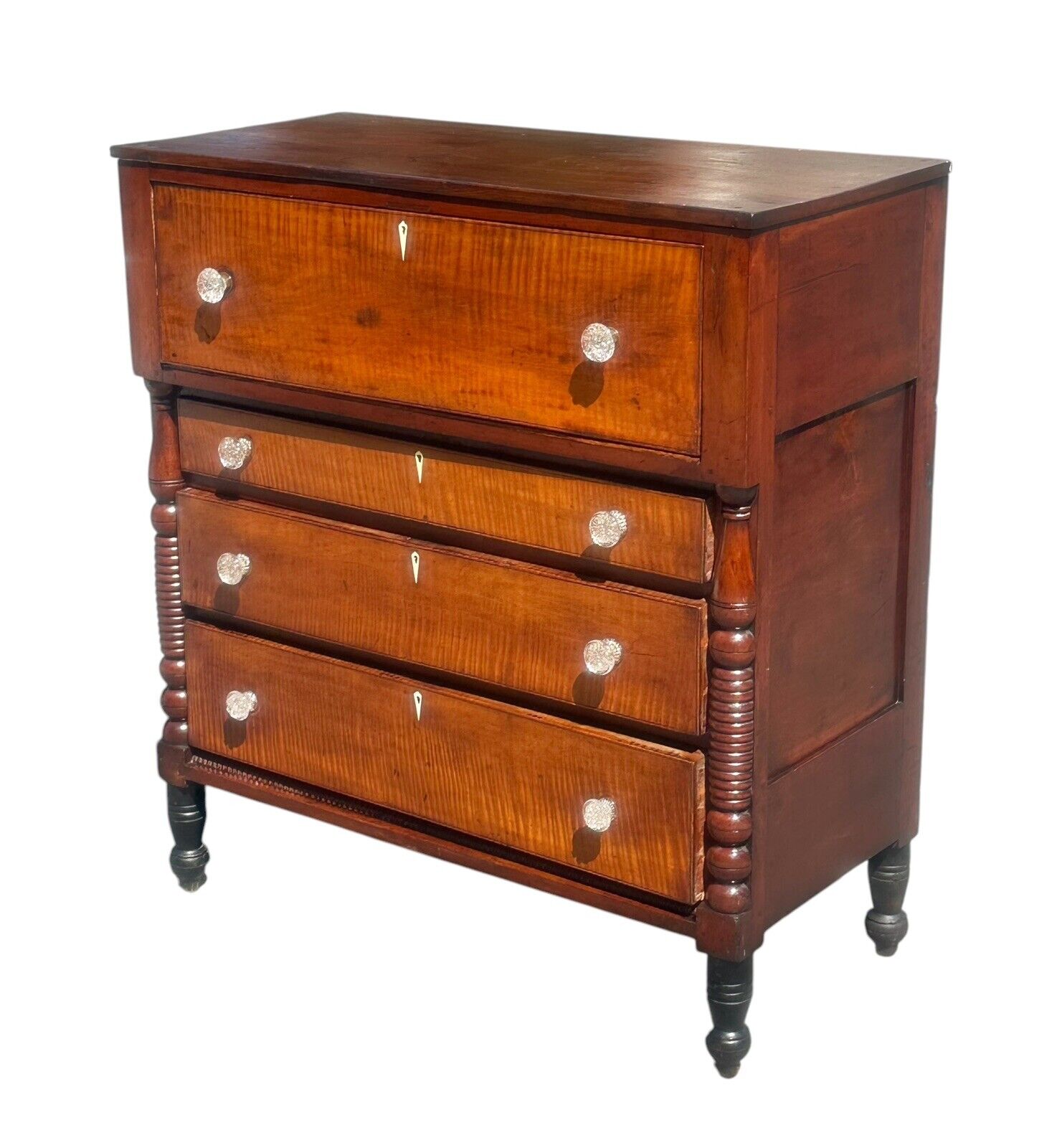 Antique Federal Period Tiger Maple & Cherry Spool Turned Tall Chest / Dresser - Bay Colony Antiques Antiques:Furniture:Dressers & Chests of Drawers