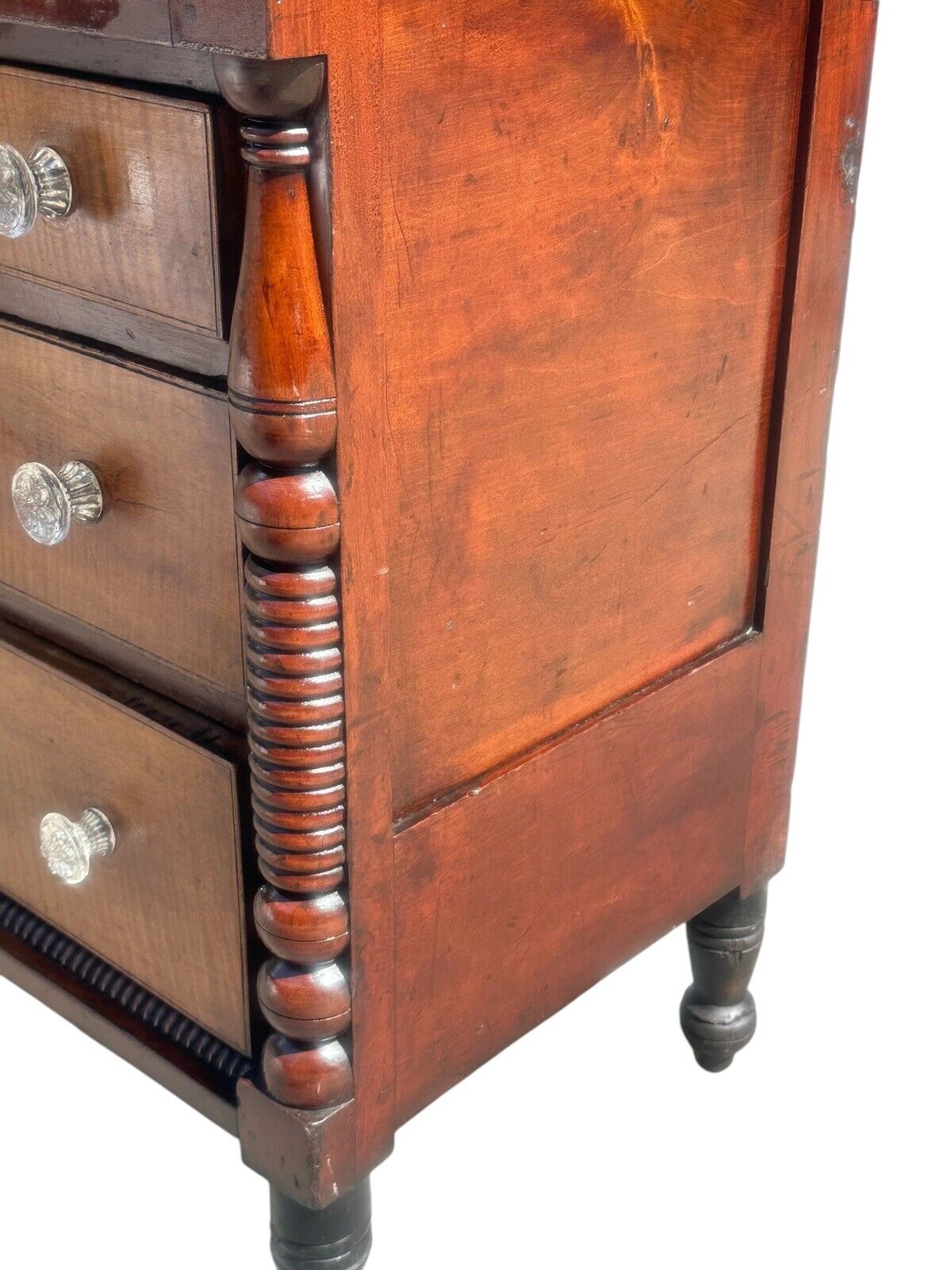 Antique Federal Period Tiger Maple & Cherry Spool Turned Tall Chest / Dresser - Bay Colony Antiques Antiques:Furniture:Dressers & Chests of Drawers