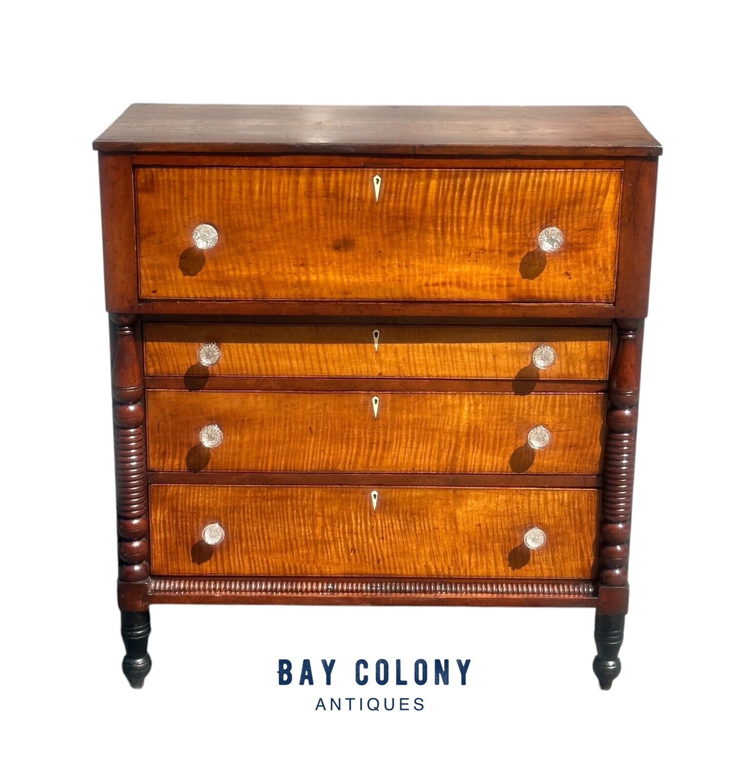 Antique Federal Period Tiger Maple & Cherry Spool Turned Tall Chest / Dresser - Bay Colony Antiques Antiques:Furniture:Dressers & Chests of Drawers