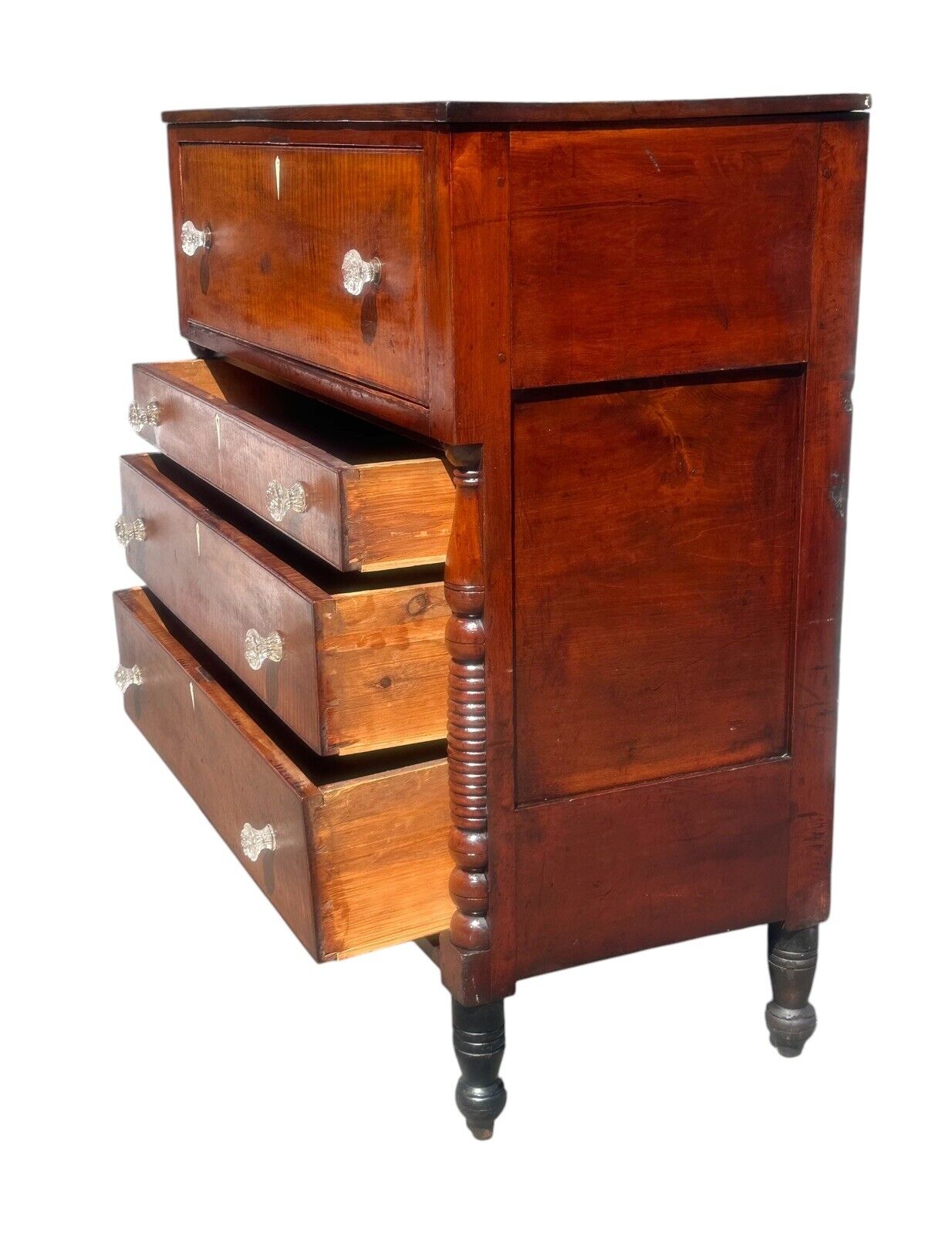 Antique Federal Period Tiger Maple & Cherry Spool Turned Tall Chest / Dresser - Bay Colony Antiques Antiques:Furniture:Dressers & Chests of Drawers