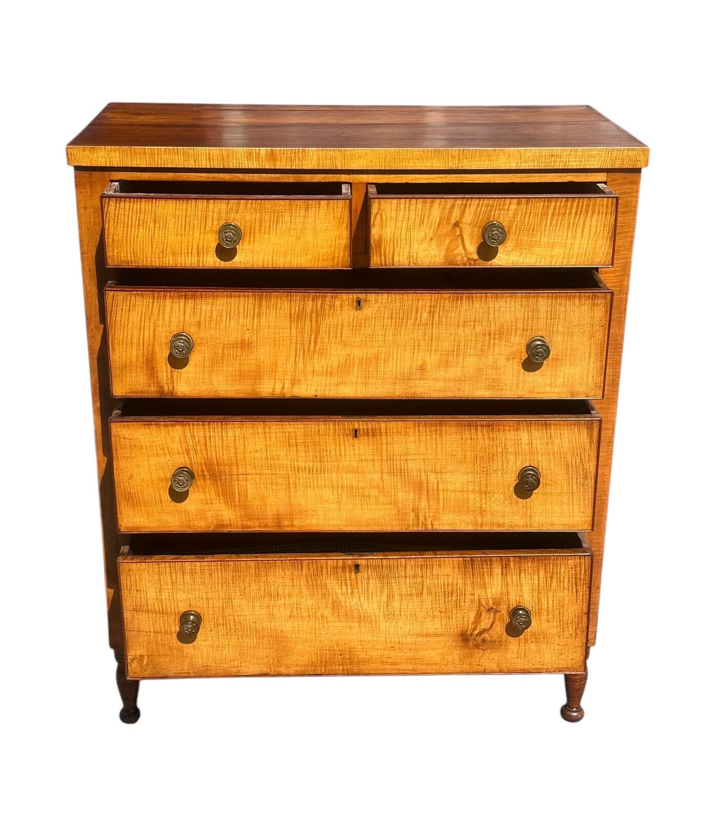 Antique Federal Period Tiger Maple Tall Chest With Secret Locking Drawer Feature - Bay Colony Antiques Antiques:Furniture:Trunks & Chests