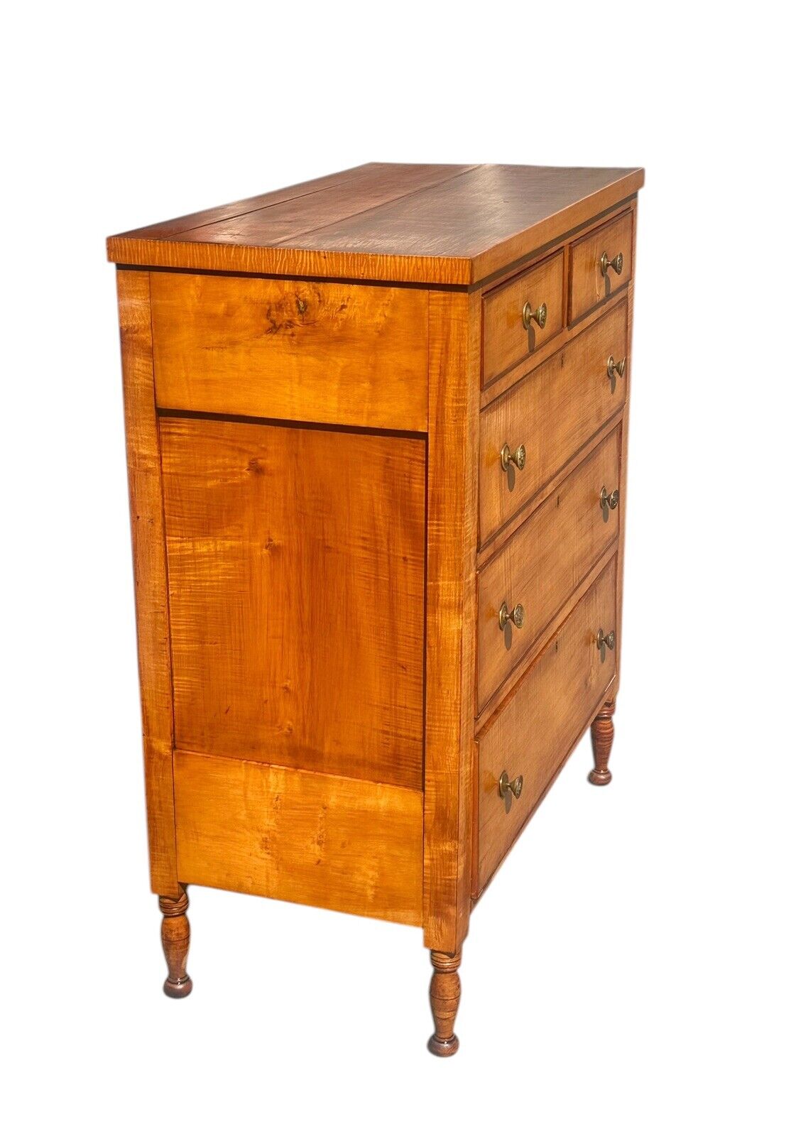 Antique Federal Period Tiger Maple Tall Chest With Secret Locking Drawer Feature - Bay Colony Antiques Antiques:Furniture:Trunks & Chests