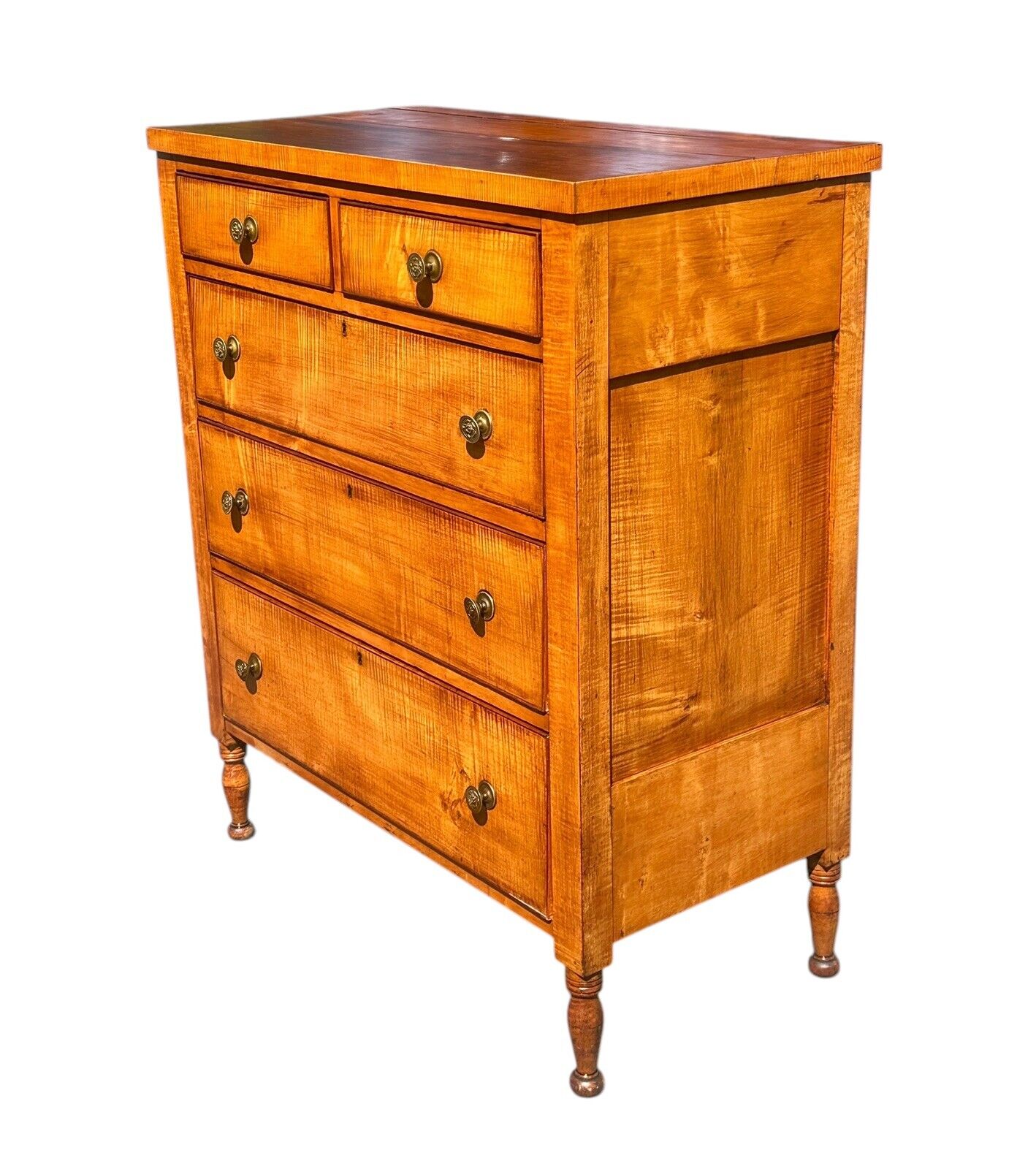 Antique Federal Period Tiger Maple Tall Chest With Secret Locking Drawer Feature - Bay Colony Antiques Antiques:Furniture:Trunks & Chests