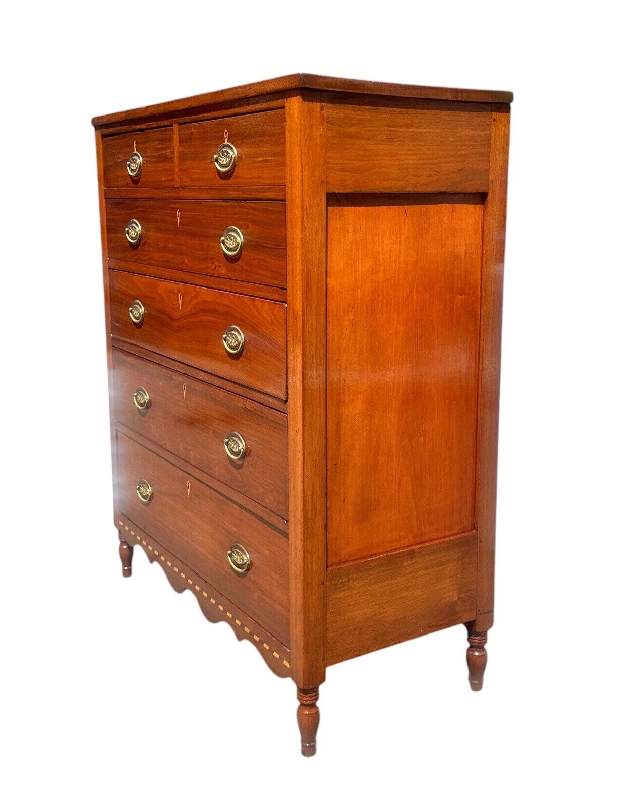 Antique Federal Southern Walnut Tall Chest With Barber Pole Inlay & Scrollwork - Bay Colony Antiques Antiques:Furniture:Dressers & Chests of Drawers