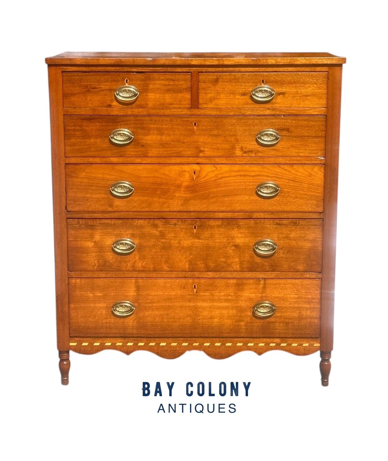 Antique Federal Southern Walnut Tall Chest With Barber Pole Inlay & Scrollwork - Bay Colony Antiques Antiques:Furniture:Dressers & Chests of Drawers