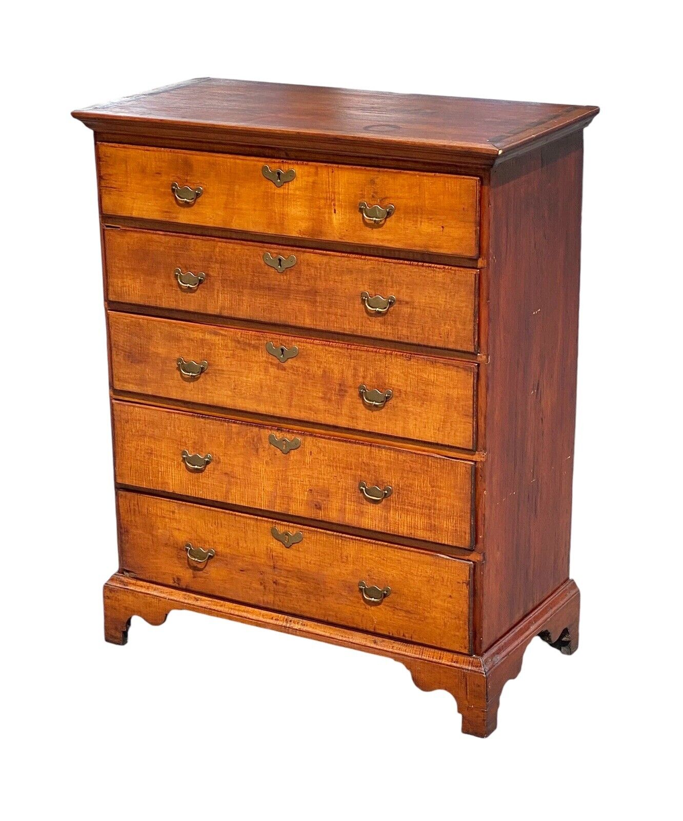 Antique New England Chippendale Tiger Maple Five Drawer Tall Chest Circa 1780 - Bay Colony Antiques Antiques:Furniture:Trunks & Chests