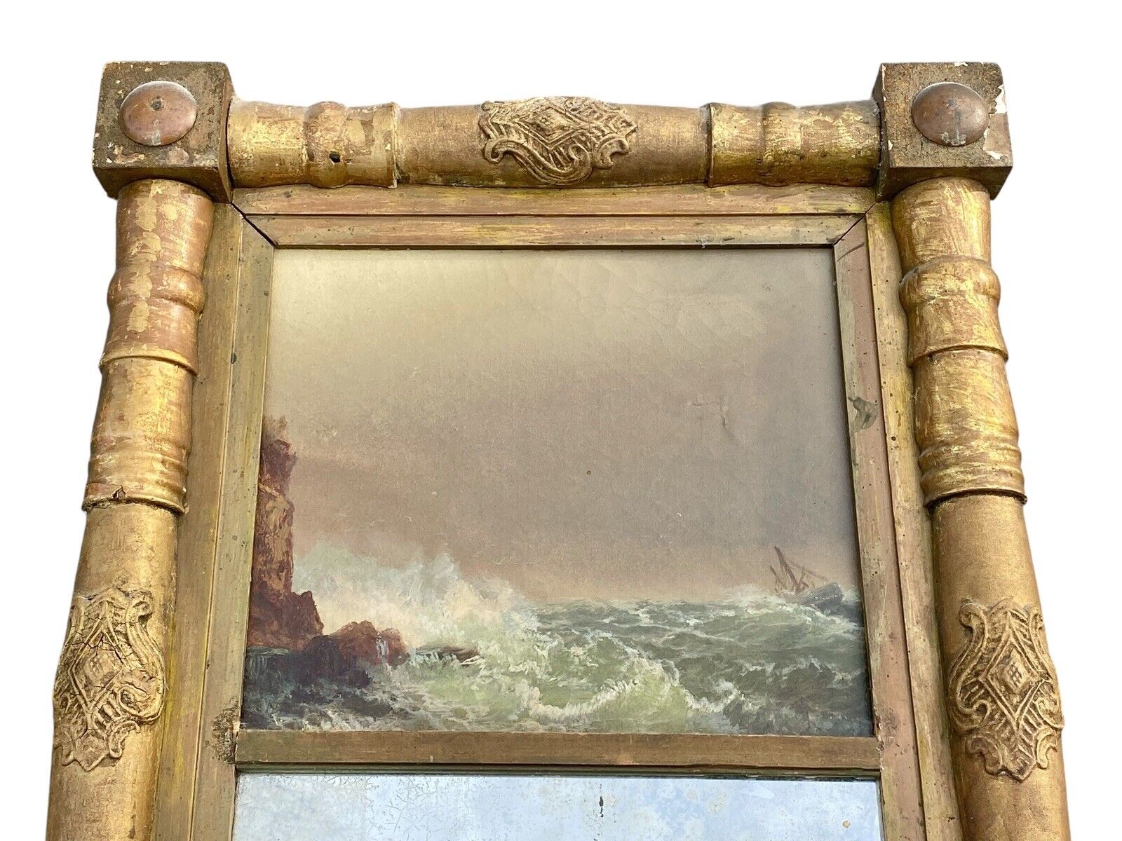 Antique Sheraton Giltwood Mirror With Lyre Frame & Coastal Seascape Oil Painting - Bay Colony Antiques Home & Garden:Home Décor:Mirrors