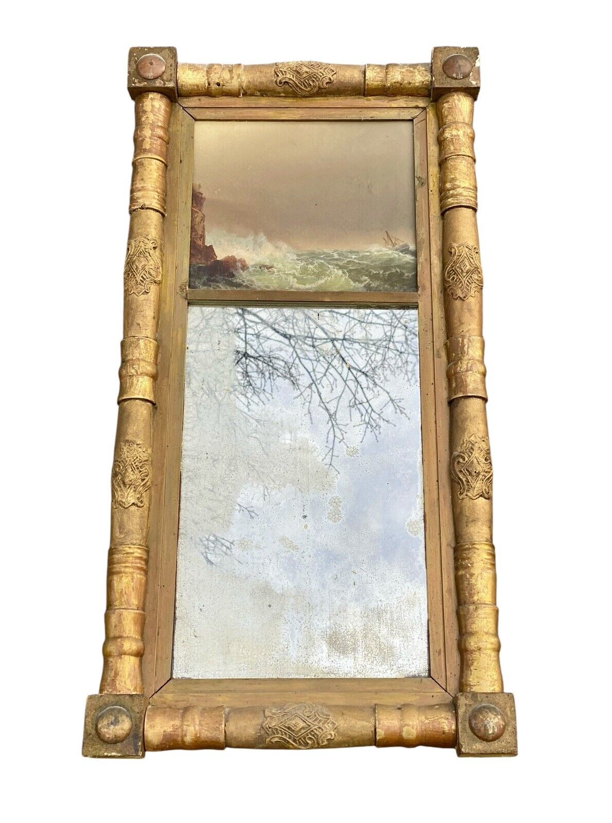 Antique Sheraton Giltwood Mirror With Lyre Frame & Coastal Seascape Oil Painting - Bay Colony Antiques Home & Garden:Home Décor:Mirrors