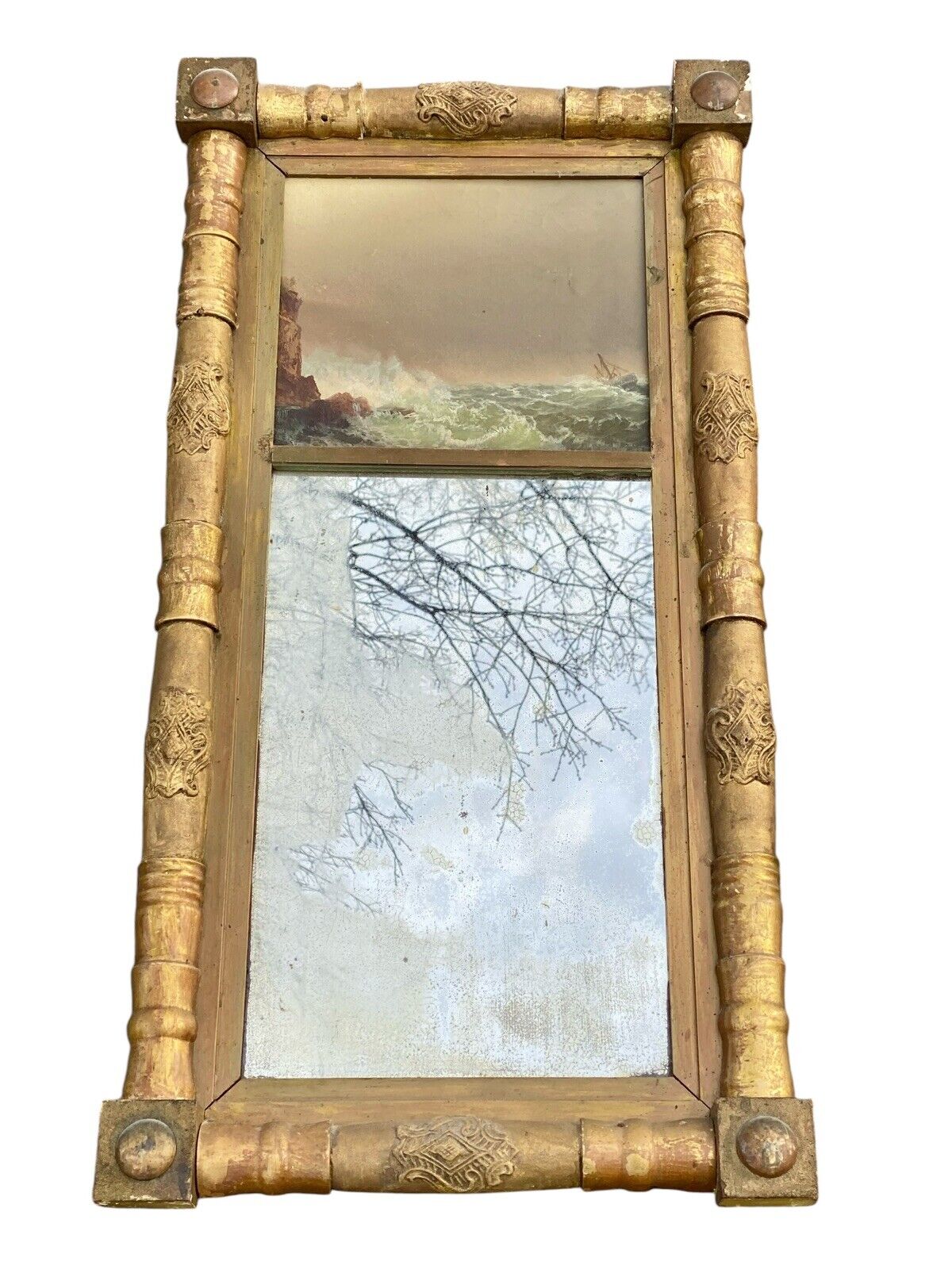 Antique Sheraton Giltwood Mirror With Lyre Frame & Coastal Seascape Oil Painting - Bay Colony Antiques Home & Garden:Home Décor:Mirrors