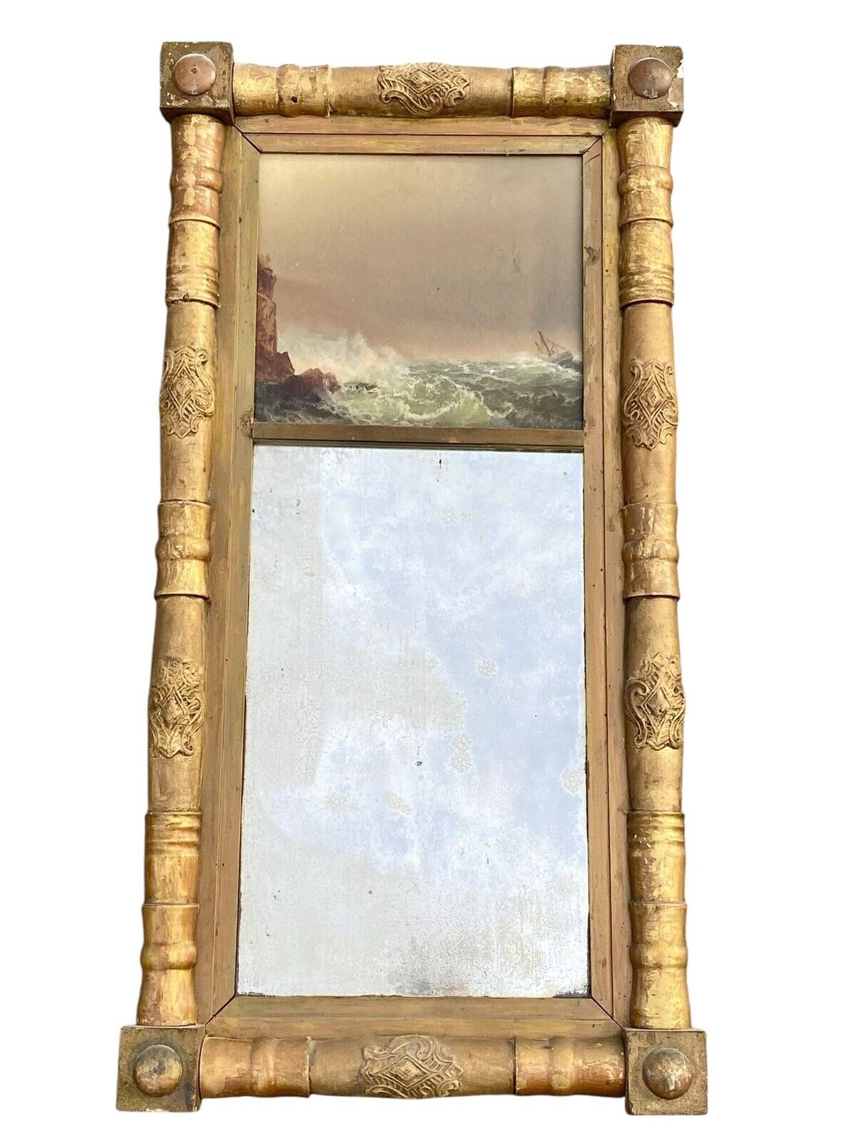 Antique Sheraton Giltwood Mirror With Lyre Frame & Coastal Seascape Oil Painting - Bay Colony Antiques Home & Garden:Home Décor:Mirrors