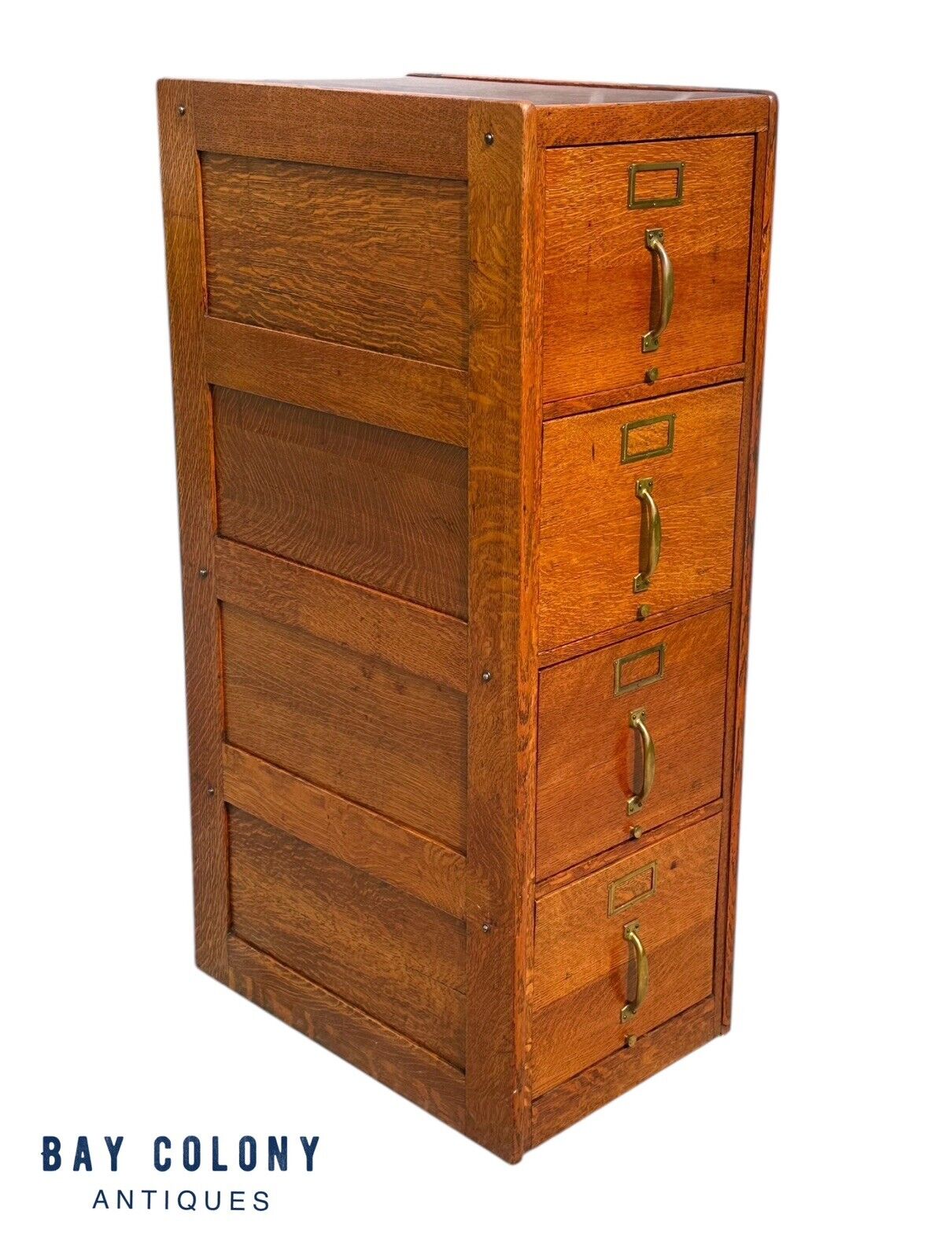 Antique Victorian Tiger Oak Raised Panel Four Drawer File Cabinet - Brass Pulls - Bay Colony Antiques Antiques:Furniture:Cabinets & Cupboards