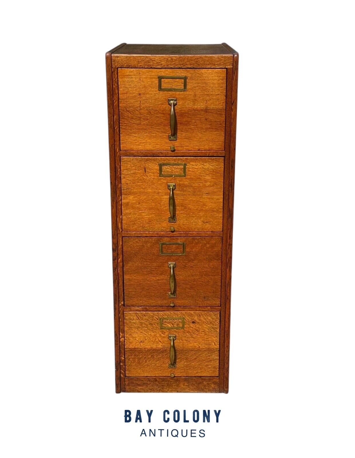 Antique Victorian Tiger Oak Raised Panel Four Drawer File Cabinet - Brass Pulls - Bay Colony Antiques Antiques:Furniture:Cabinets & Cupboards