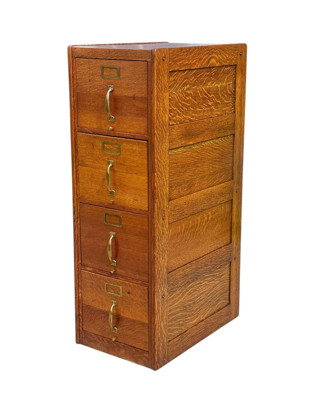 Antique Victorian Tiger Oak Raised Panel Four Drawer File Cabinet - Brass Pulls - Bay Colony Antiques Antiques:Furniture:Cabinets & Cupboards