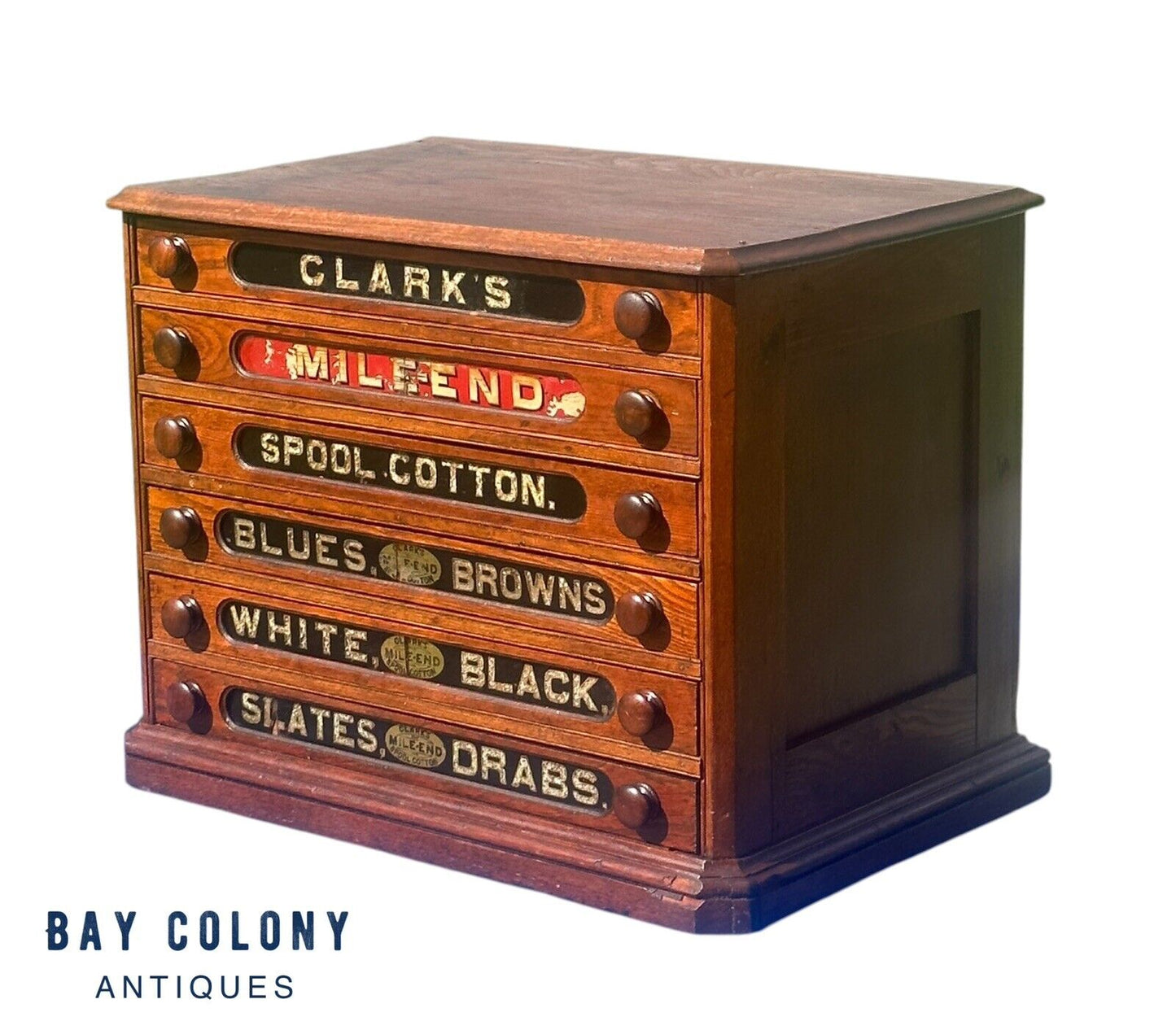 Antique Victorian Walnut Clark's Spool Cotton Cabinet With Reverse Painted Glass - Bay Colony Antiques Antiques:Furniture:Cabinets & Cupboards