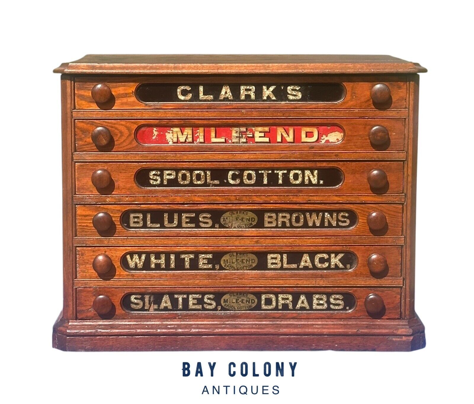 Antique Victorian Walnut Clark's Spool Cotton Cabinet With Reverse Painted Glass - Bay Colony Antiques Antiques:Furniture:Cabinets & Cupboards