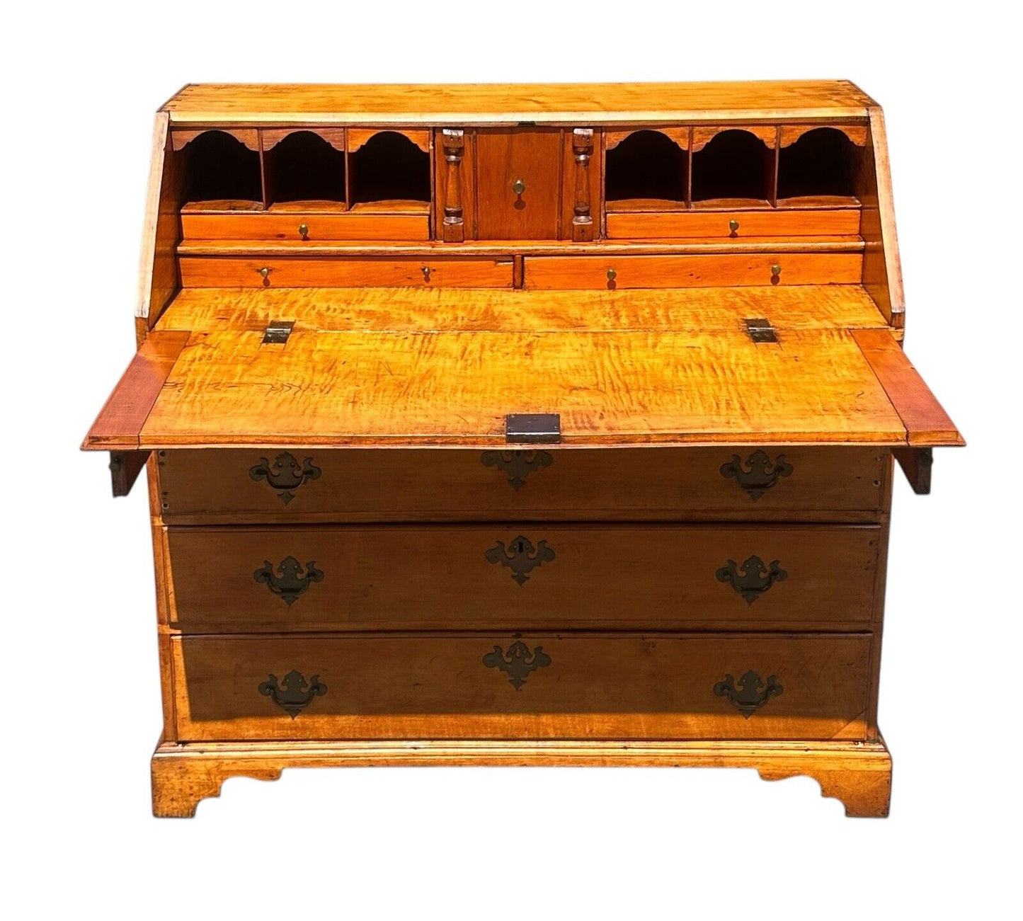 Chippendale New Hampshire Tiger Maple Slant Lid Desk With Full Stepback Interior - Bay Colony Antiques Antiques:Furniture:Desks & Secretaries