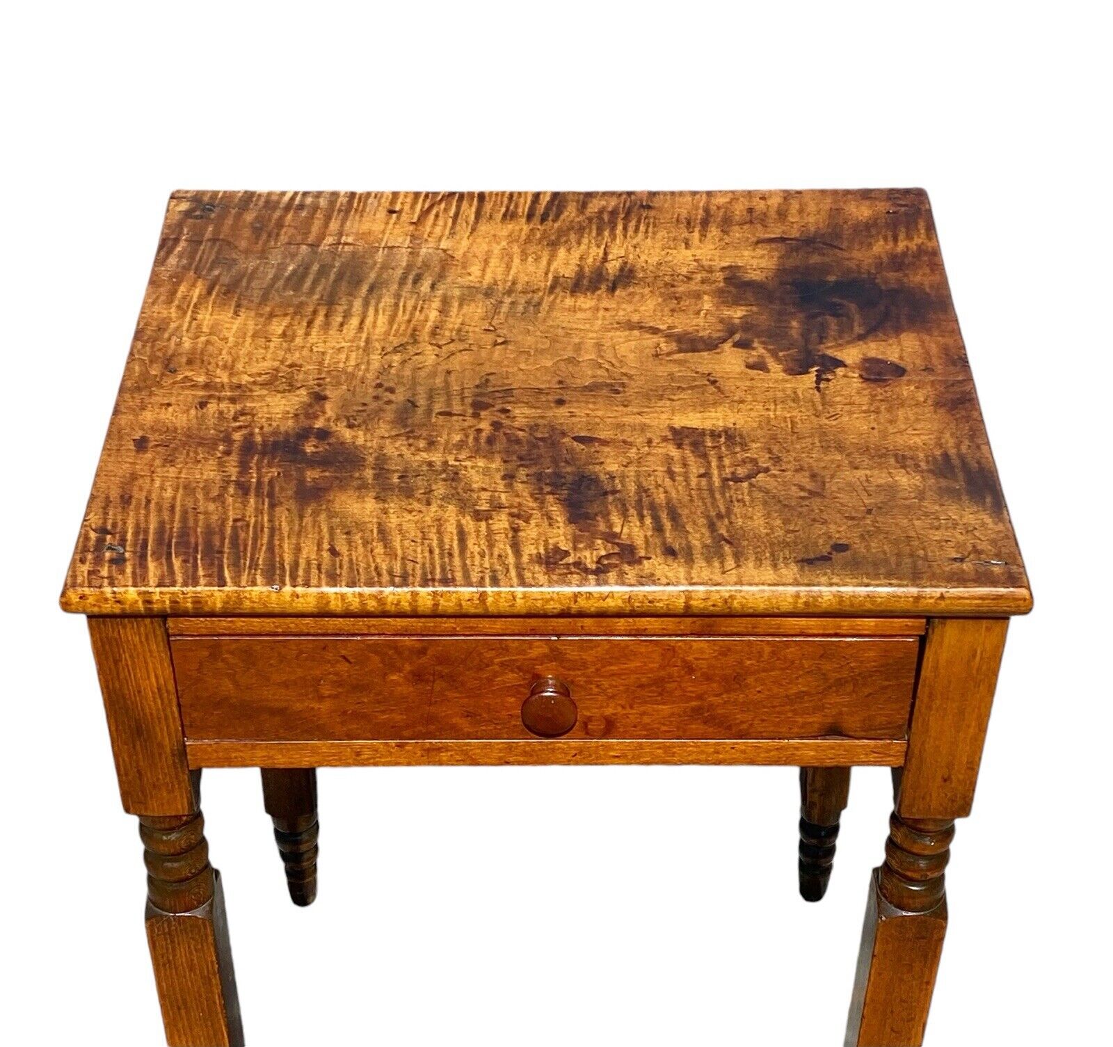 Early 19th Century Antique Tiger Maple & Cherry New York One Drawer Work Table - Bay Colony Antiques Antiques:Furniture:Nightstands