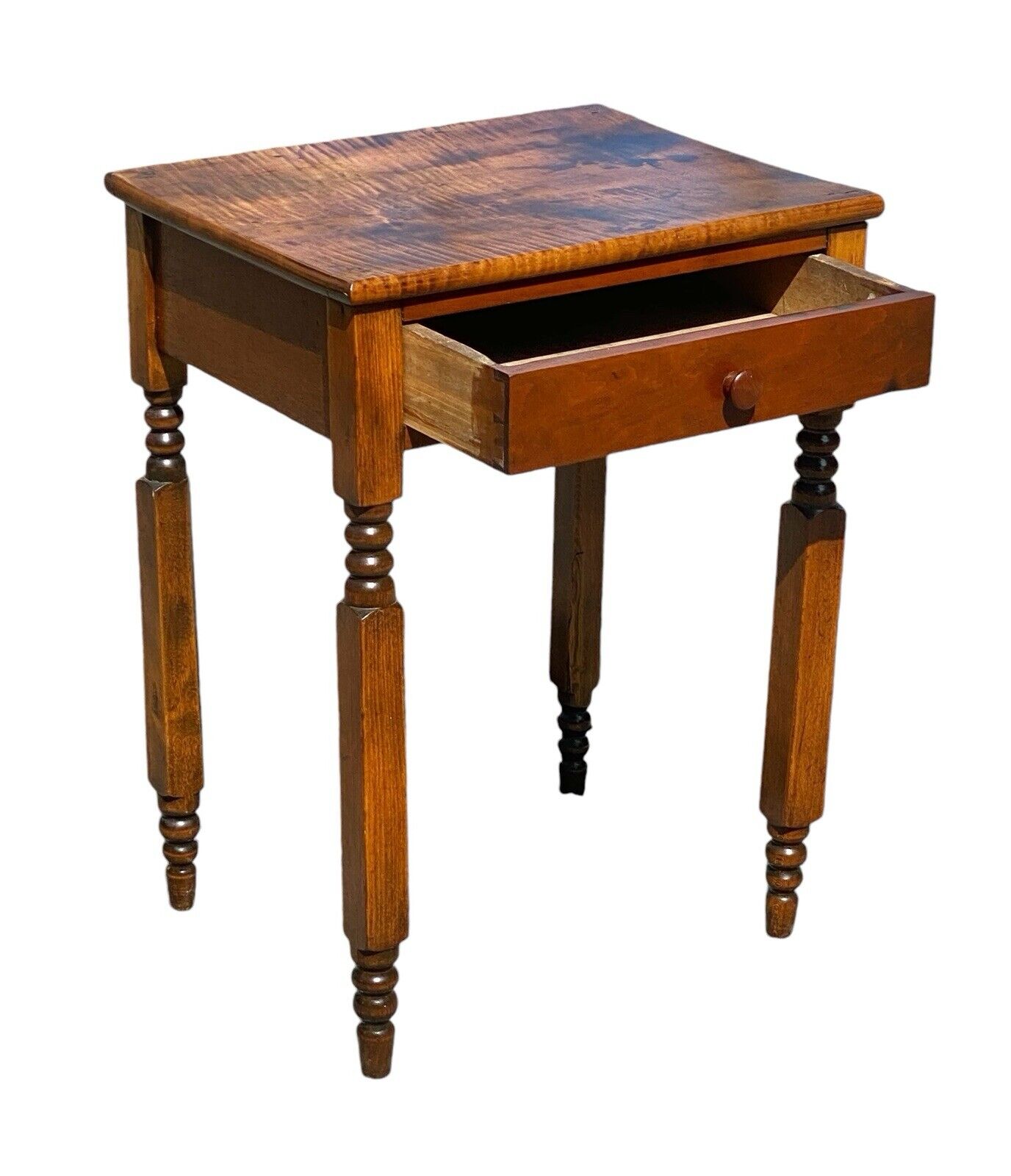 Early 19th Century Antique Tiger Maple & Cherry New York One Drawer Work Table - Bay Colony Antiques Antiques:Furniture:Nightstands