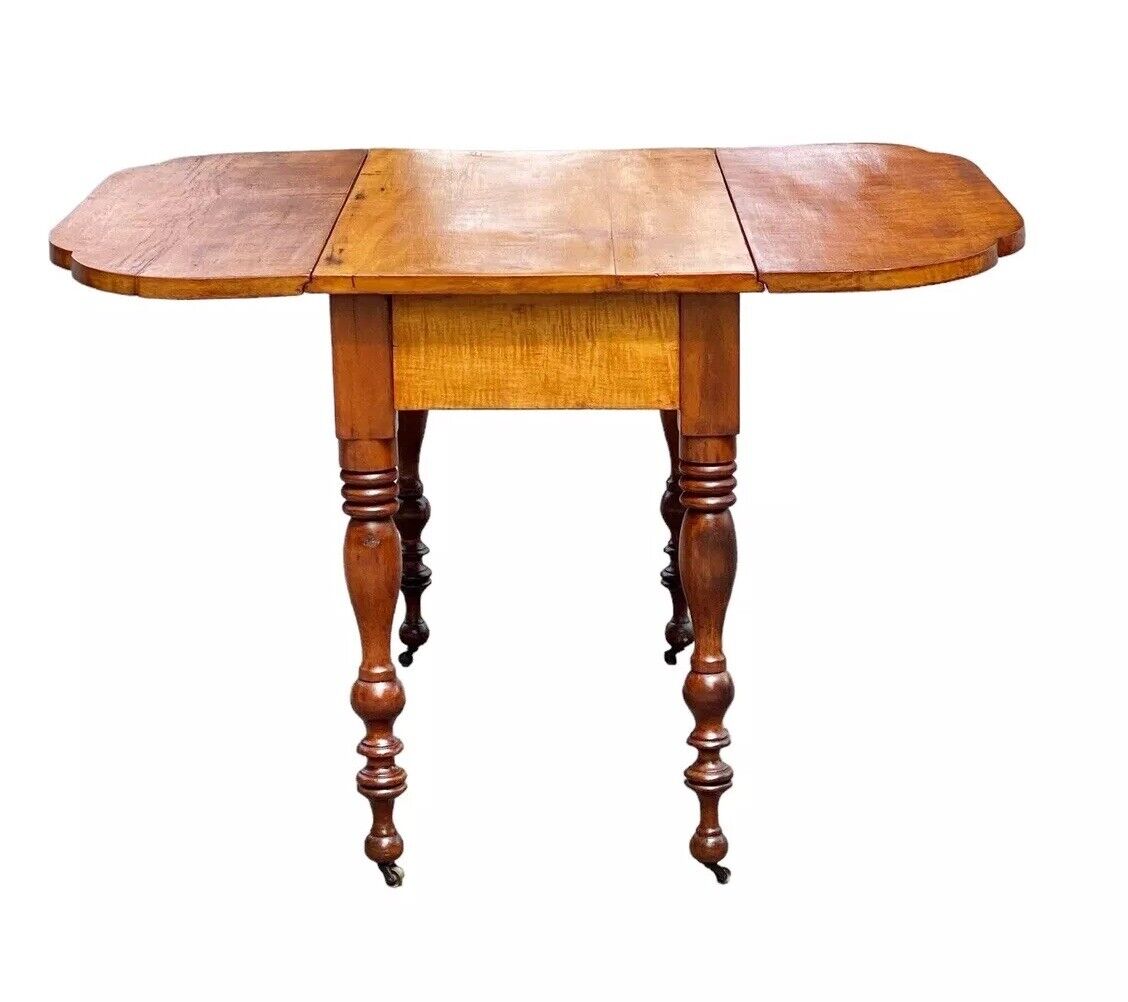 Late 18th Century Antique Federal Tiger Maple & Cherry Dropleaf Dining Table - Bay Colony Antiques Antiques:Furniture:Tables