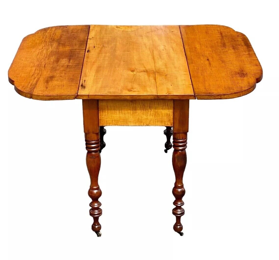 Late 18th Century Antique Federal Tiger Maple & Cherry Dropleaf Dining Table - Bay Colony Antiques Antiques:Furniture:Tables