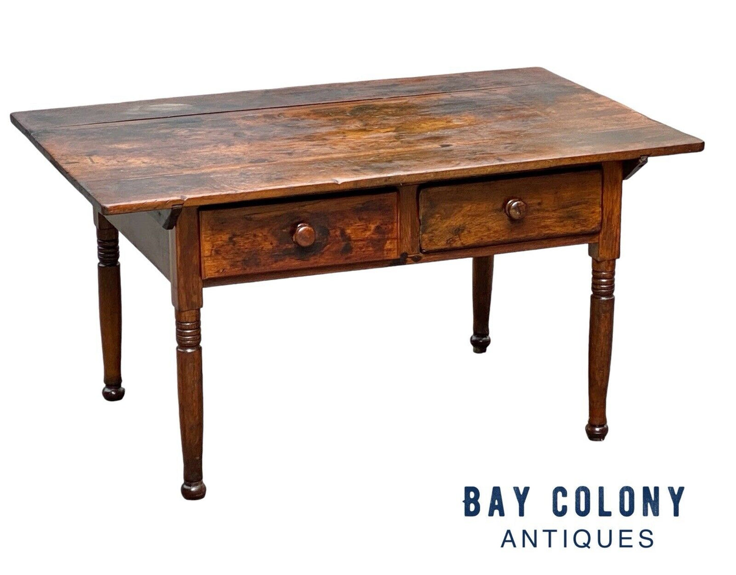 Late 18th Century Antique Queen Anne Pennsylvania Walnut Two Drawer Tavern Table - Bay Colony Antiques Antiques:Furniture:Tables