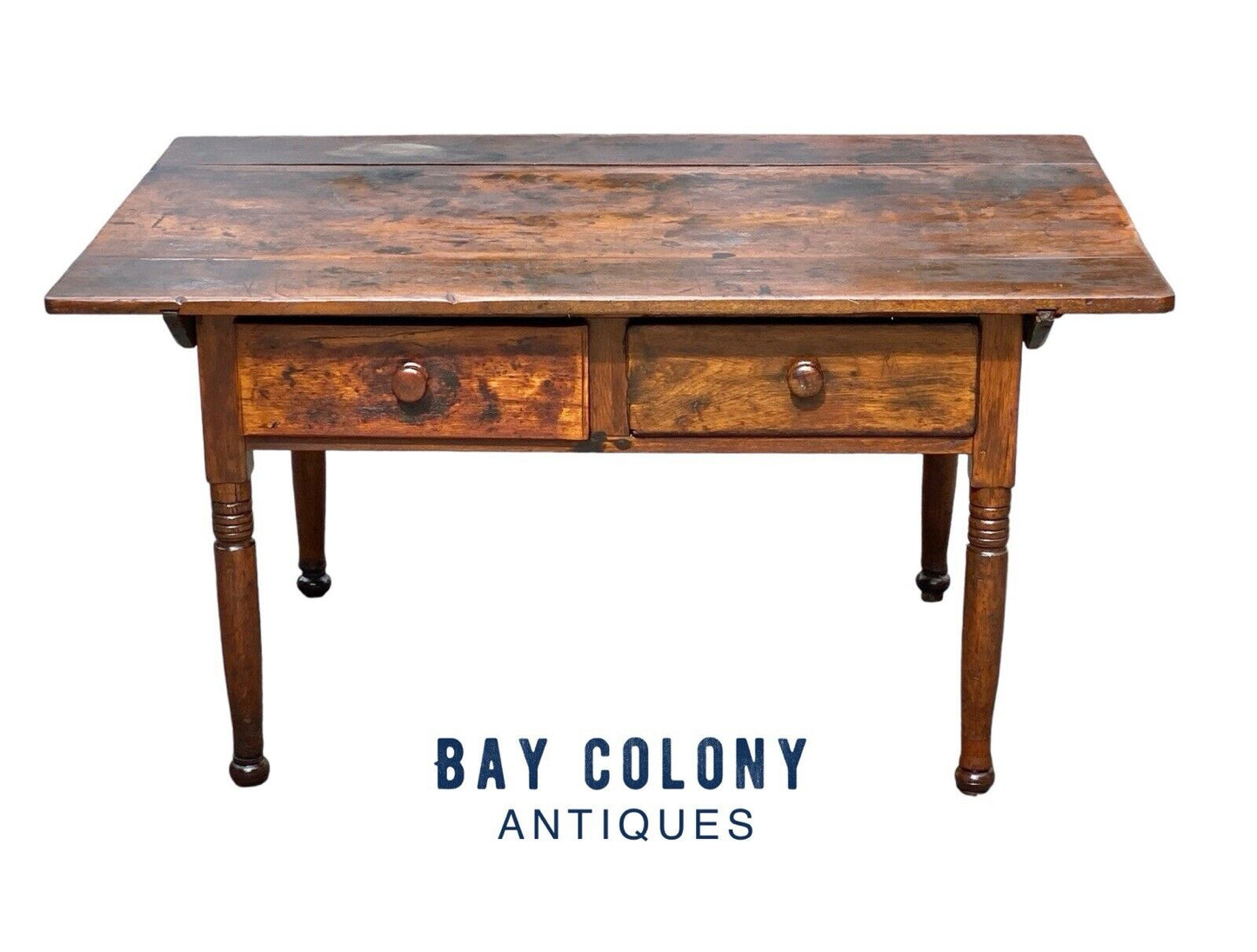 Late 18th Century Antique Queen Anne Pennsylvania Walnut Two Drawer Tavern Table - Bay Colony Antiques Antiques:Furniture:Tables