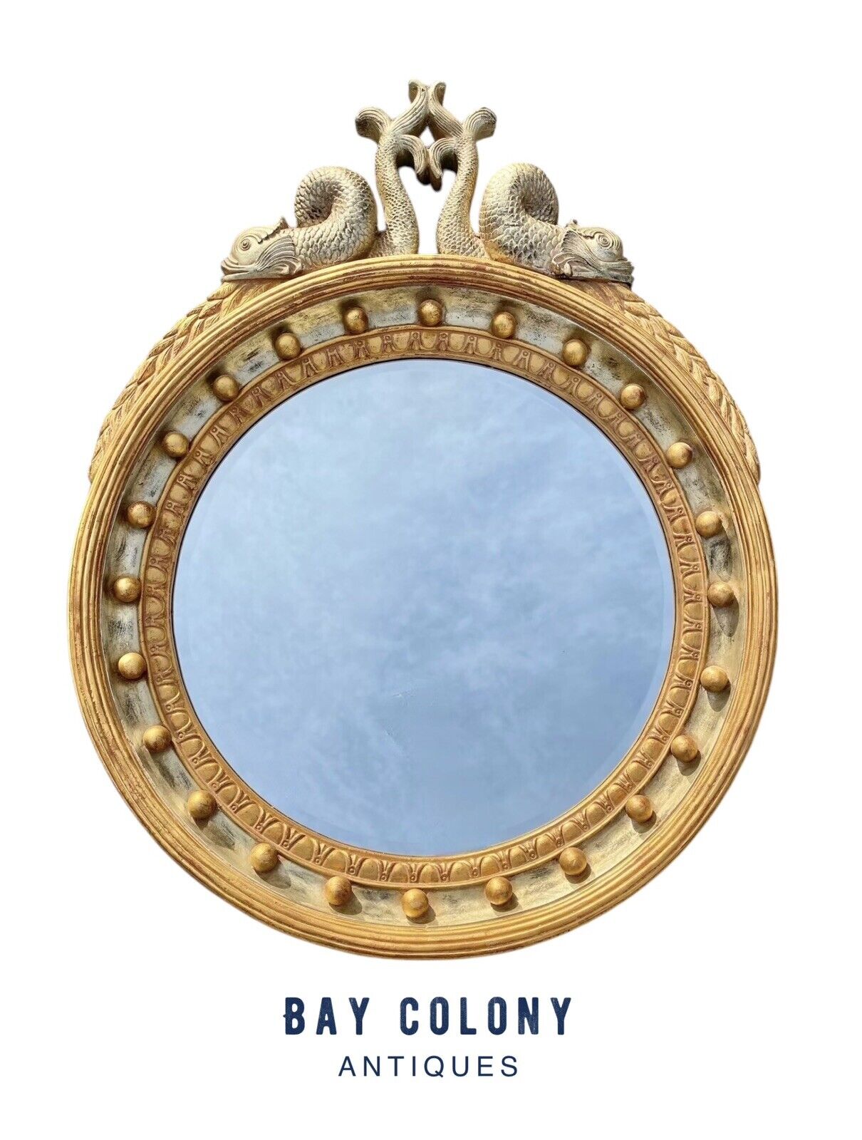 Neoclassical Antique Style Gold Girandole Mirror with Carved Empire Style Dolphins - Bay Colony Antiques Antiques:Furniture:Mirrors