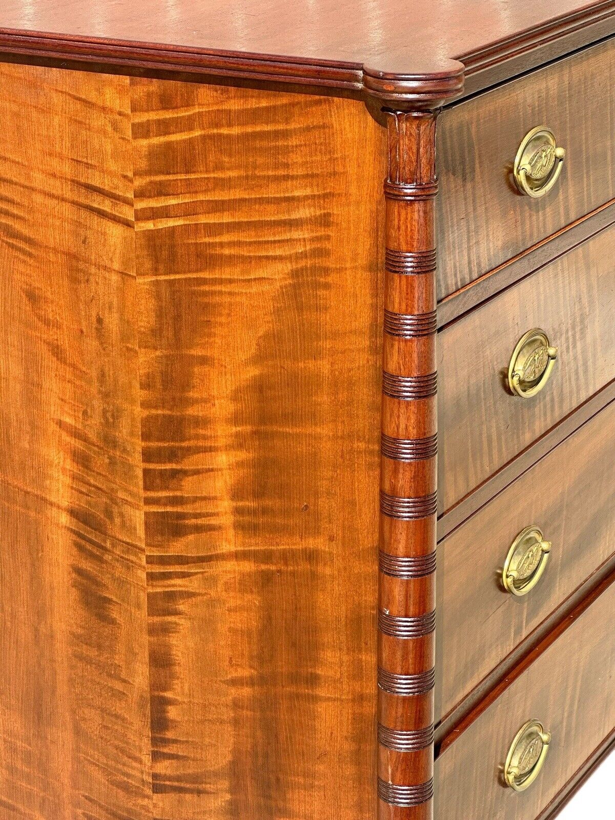 New England Tiger Maple & Mahogany Carved Dresser - Eagle & 13 Stars Brass Pulls - Bay Colony Antiques Antiques:Furniture:Dressers & Chests of Drawers