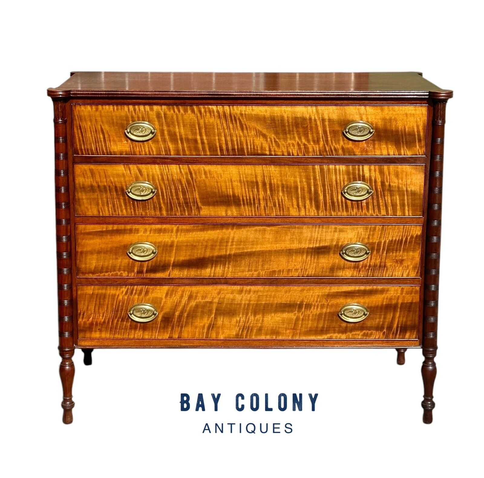 New England Tiger Maple & Mahogany Carved Dresser - Eagle & 13 Stars Brass Pulls - Bay Colony Antiques Antiques:Furniture:Dressers & Chests of Drawers