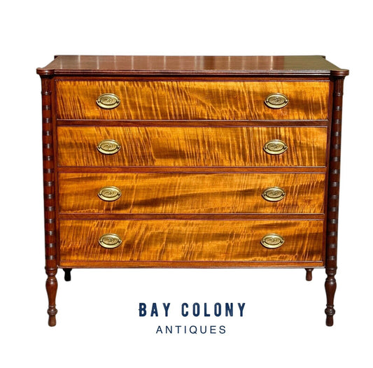 New England Tiger Maple & Mahogany Carved Dresser - Eagle & 13 Stars Brass Pulls - Bay Colony Antiques Antiques:Furniture:Dressers & Chests of Drawers