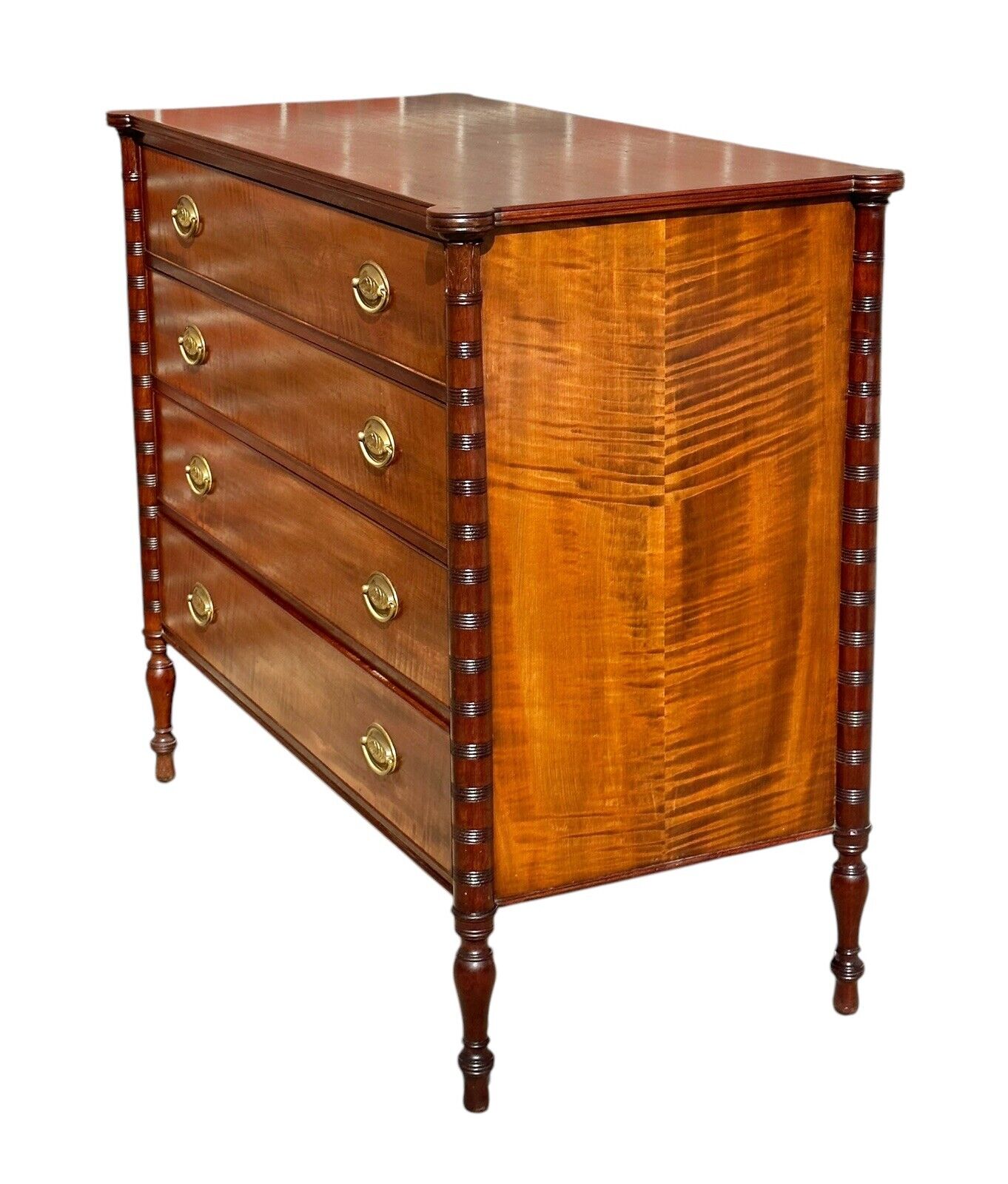 New England Tiger Maple & Mahogany Carved Dresser - Eagle & 13 Stars Brass Pulls - Bay Colony Antiques Antiques:Furniture:Dressers & Chests of Drawers