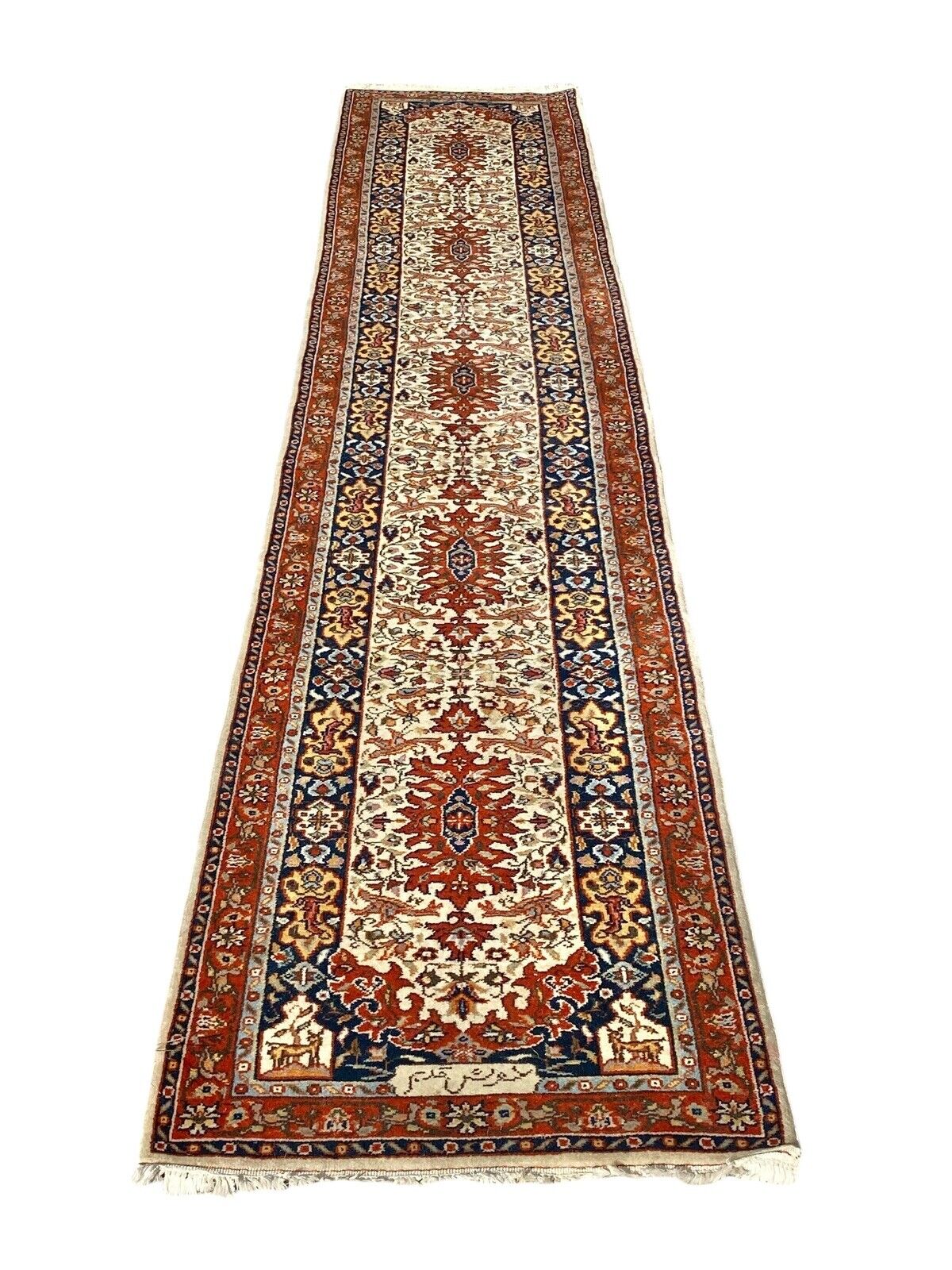 Semi - Antique 13+ Foot Persian Tabriz Runner Rug / Carpet with Birds & Deer - Bay Colony Antiques Antiques:Rugs & Carpets