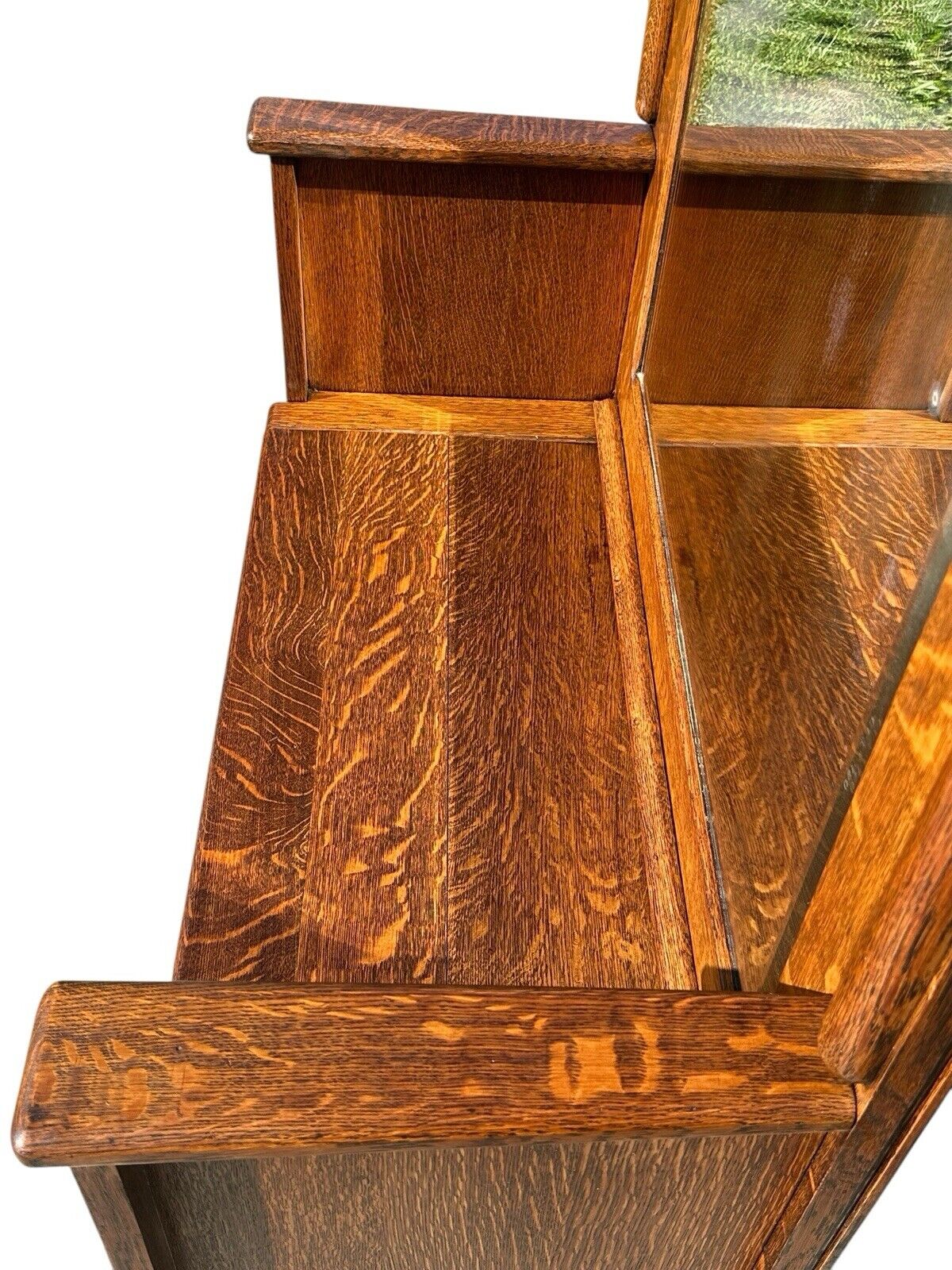 Victorian Tiger Oak Hall Tree With Beveled Mirror & Lift Top Seat on Carved Legs - Bay Colony Antiques Antiques:Furniture:Hall Trees & Stands